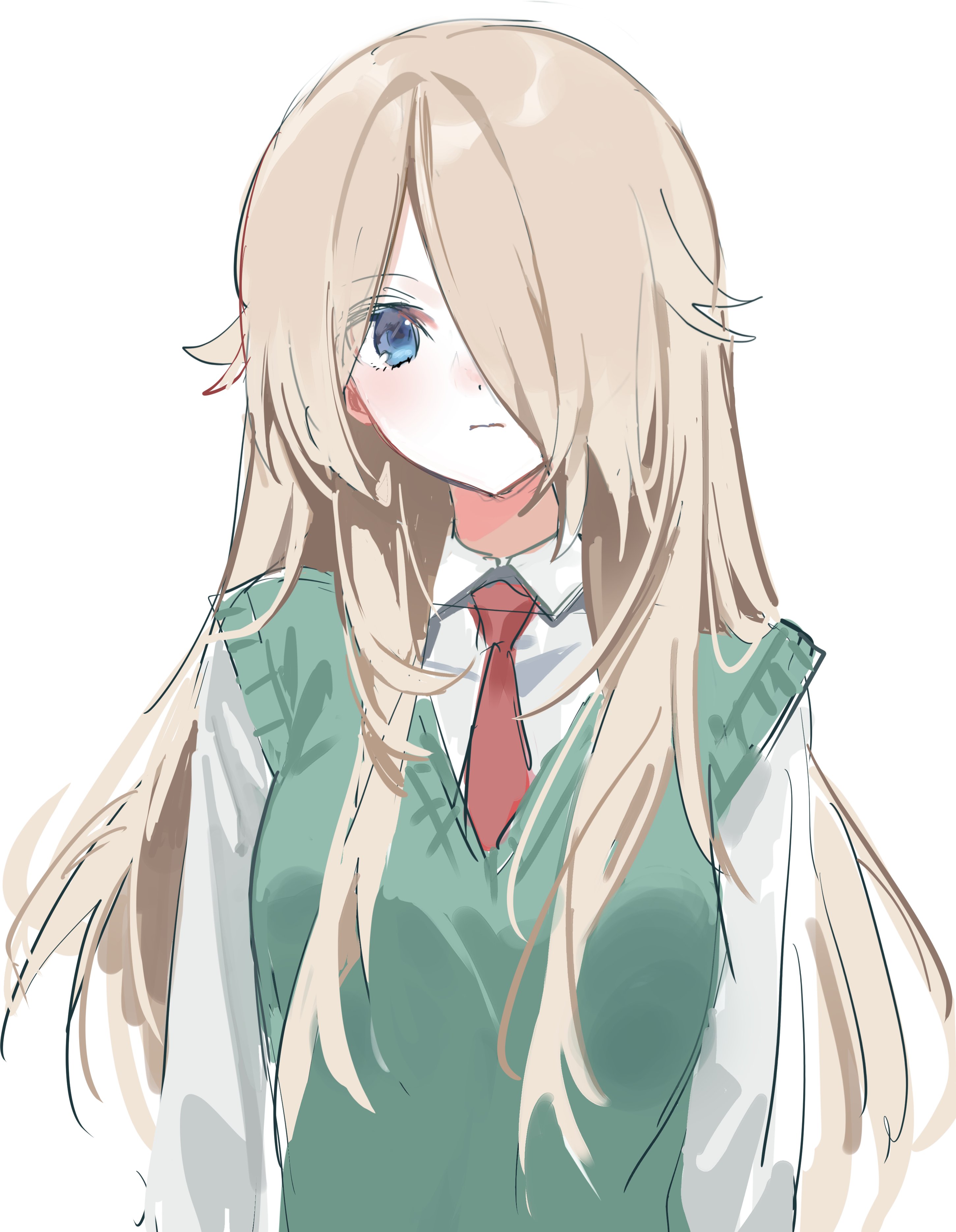 zombie high school, absurdres, highres, korean commentary, 1girl, blonde hair, blue eyes, closed mouth, collared shirt, expressionless, go na-rae, hair over one eye, long hair, long sleeves, looking at viewer, necktie, red necktie, rkgk ymmm, school uniform, shirt, simple background, solo, sweater vest, upper body, vest, white background, white shirt