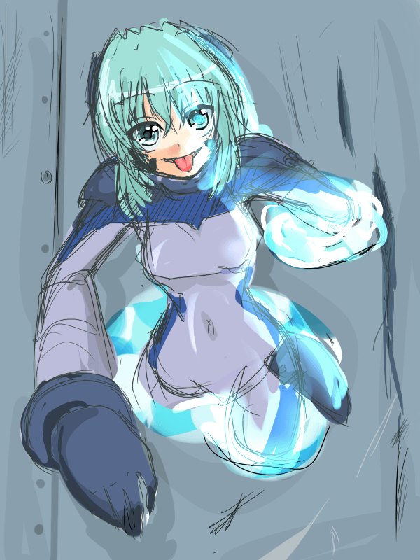numbers (nanoha), sein (nanoha), lyrical nanoha, mahou shoujo lyrical nanoha, mahou shoujo lyrical nanoha strikers, eyebrows, 00s, 1girl, akanbe, blue bodysuit, bodysuit, eyelid pull, facial mark, female focus, gloves, solo, tongue, tongue out