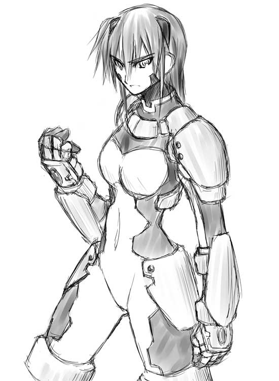 numbers (nanoha), tre (nanoha), lyrical nanoha, mahou shoujo lyrical nanoha, mahou shoujo lyrical nanoha strikers, 00s, 1girl, bodysuit, facial mark, female focus, gauntlets, greyscale, monochrome, sketch, solo