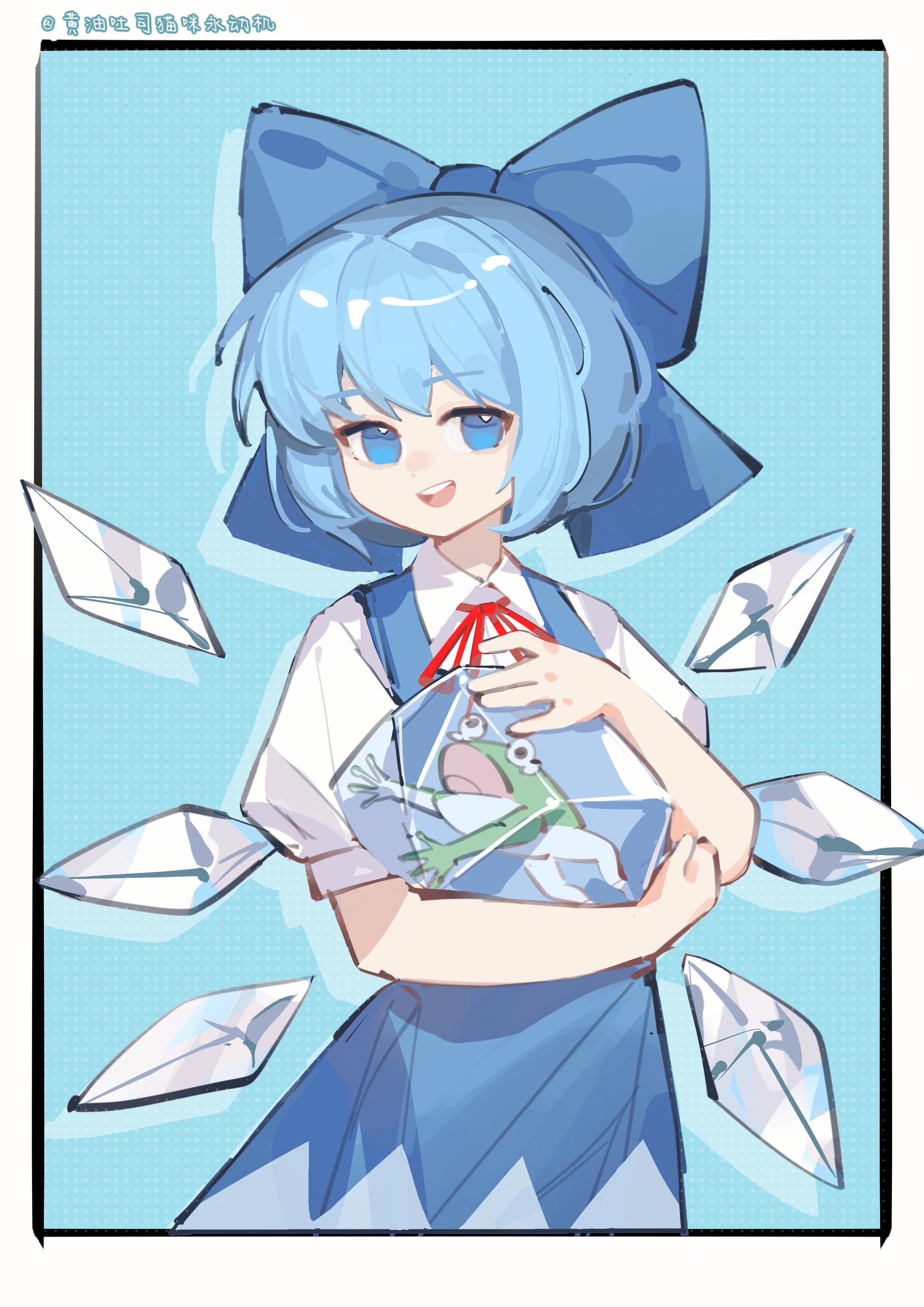 huangyou, cirno, touhou, absurdres, commentary, highres, symbol-only commentary, 1girl, artist name, blue bow, blue dress, blue eyes, blue hair, bow, cirno day, collared shirt, detached wings, dress, frog, frozen frog, hair bow, ice, ice wings, looking at viewer, neck ribbon, open mouth, pinafore dress, puffy short sleeves, puffy sleeves, red ribbon, ribbon, shirt, short hair, short sleeves, sleeveless, sleeveless dress, smile, solo, teeth, upper teeth only, white shirt, wings