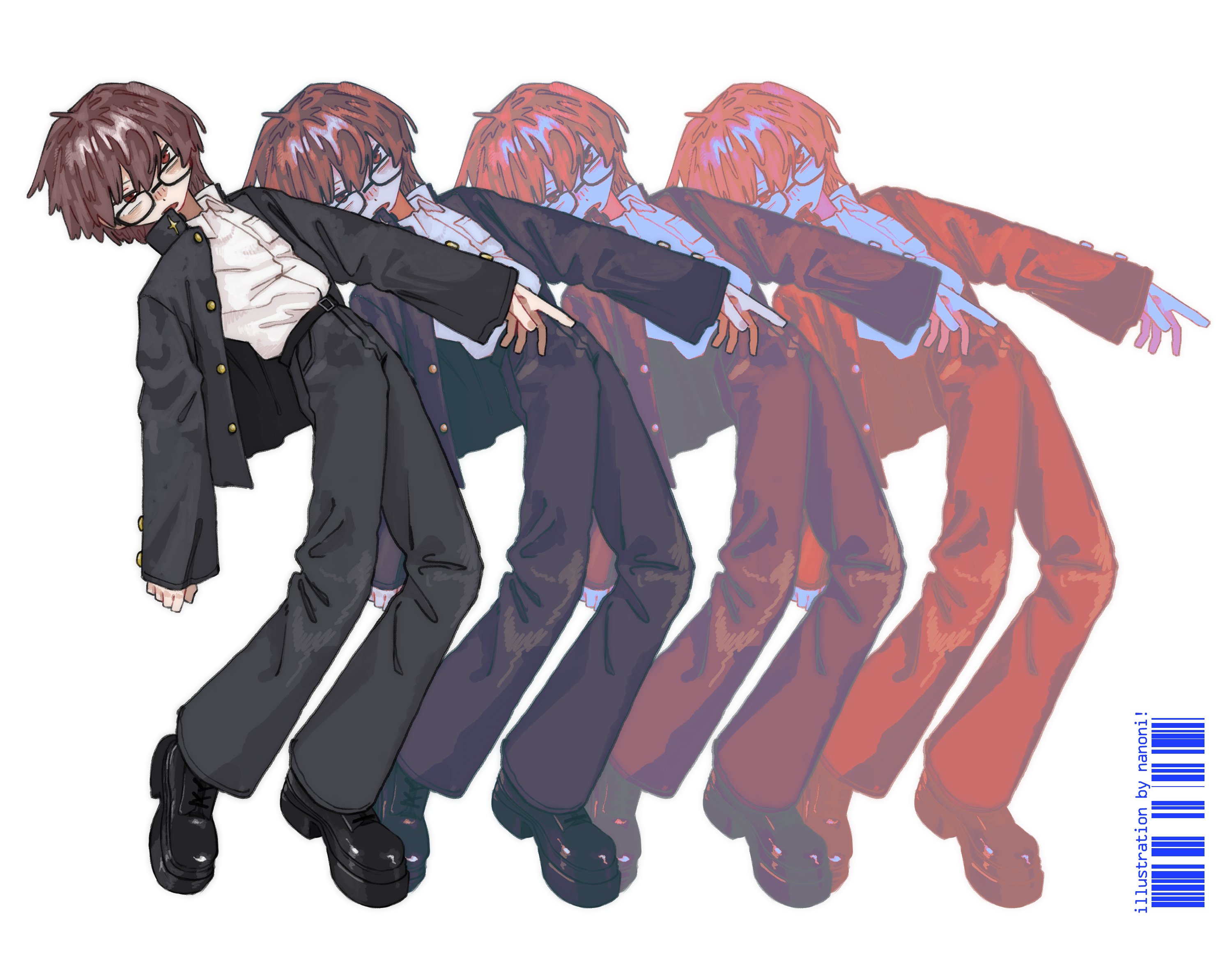 nanoni!, original, highres, 1boy, artist name, barcode, black-framed eyewear, black jacket, black pants, black shoes, brown hair, buttons, collared shirt, full body, glasses, jacket, leaning to the side, long sleeves, looking at viewer, male focus, open clothes, open jacket, open mouth, pants, recurring image, red eyes, shirt, shoes, short hair, simple background, standing, white background, white shirt