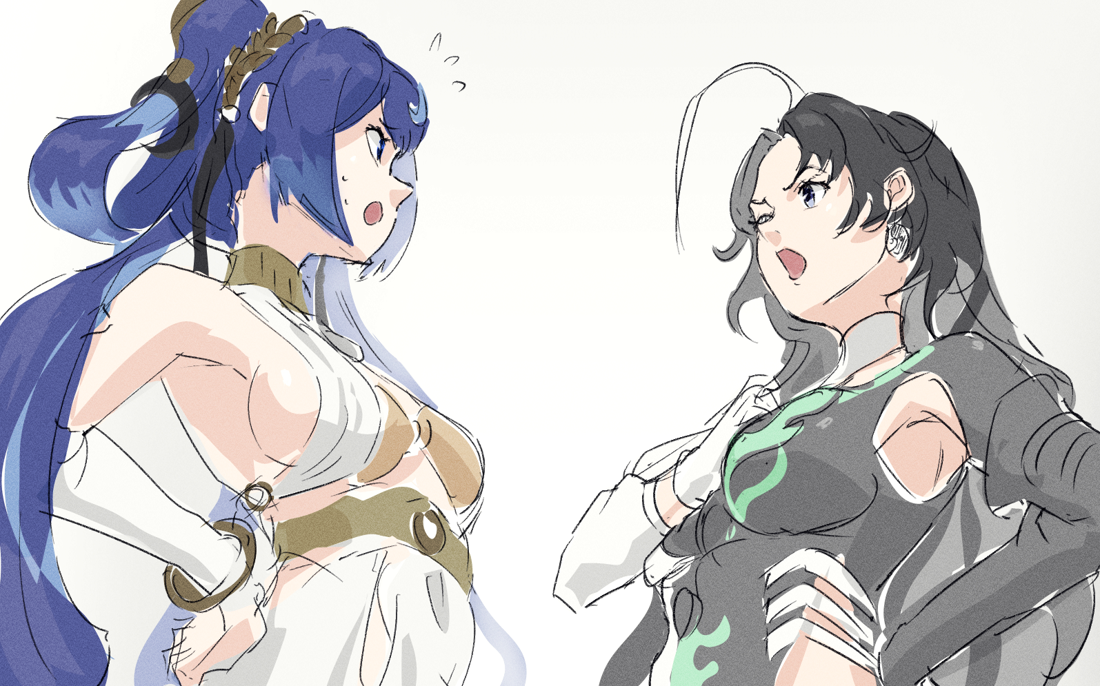bumaden, iuno (wuthering waves), jianxin (wuthering waves), wuthering waves, 2girls, ahoge, ancient greek clothes, armpit cutout, bare shoulders, black dress, black eyes, black gloves, black hair, blue eyes, blue hair, breasts, clothing cutout, colored inner hair, dress, dyed ahoge, earrings, gloves, gold bra, greco-roman clothes, hair belt, hand up, head wreath, huge ahoge, jewelry, large breasts, long hair, looking at another, multicolored hair, multiple girls, parted bangs, side slit, sideboob, simple background, streaked hair, twintails, two-tone dress, two-tone hair, upper body, very long hair, white background, white dress, white gloves, white hair, yin yang, yin yang earrings