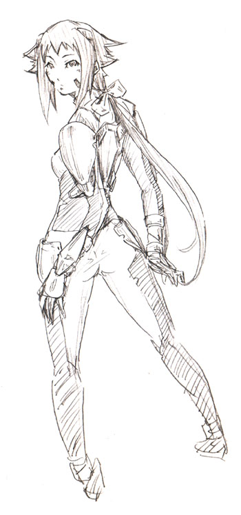 dieci (nanoha), numbers (nanoha), lyrical nanoha, mahou shoujo lyrical nanoha, mahou shoujo lyrical nanoha strikers, artist request, 00s, 1girl, female focus, from behind, greyscale, monochrome, ponytail, sketch, solo