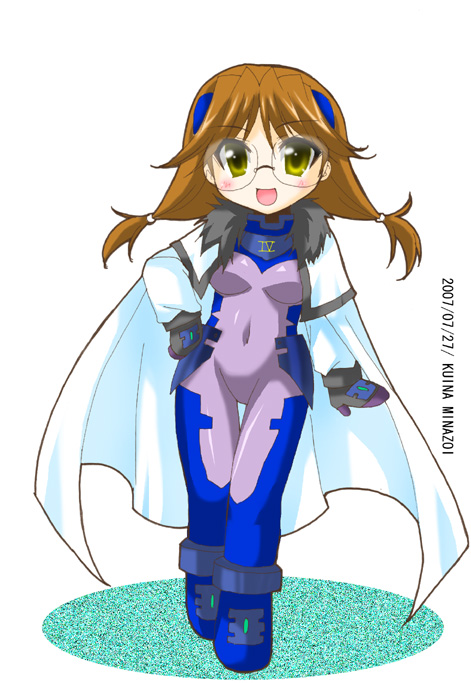 numbers (nanoha), quattro (nanoha), lyrical nanoha, mahou shoujo lyrical nanoha, mahou shoujo lyrical nanoha strikers, 00s, 1girl, bodysuit, brown hair, female focus, glasses, purple bodysuit, solo, twintails, yellow eyes