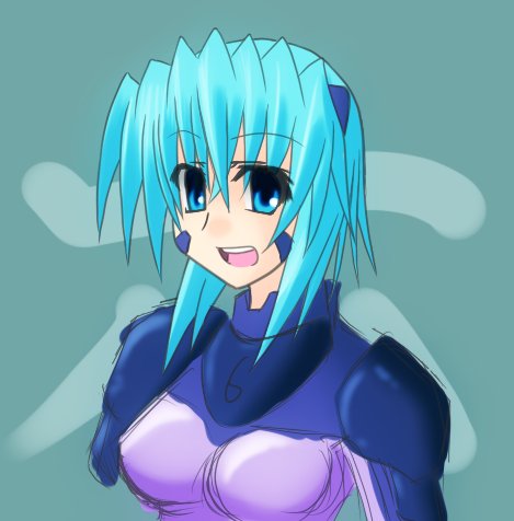 numbers (nanoha), sein (nanoha), lyrical nanoha, mahou shoujo lyrical nanoha, mahou shoujo lyrical nanoha strikers, eyebrows, lowres, 00s, 1girl, bodysuit, female focus, purple bodysuit, solo, teeth