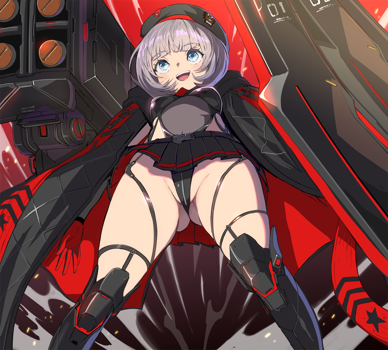 syope, vesti (nikke), vesti (tactical upgrade) (nikke), goddess of victory: nikke, commentary request, revision, 1girl, beret, black cloak, black hat, black leotard, blue eyes, breasts, cloak, crotch, gloves, gluteal fold, grey hair, hat, leotard, medium breasts, necktie, official alternate costume, open mouth, oversized hat, red necktie, rocket launcher, rpg (weapon), short hair, skindentation, skirt, smile, solo, thick thighs, thighs, weapon