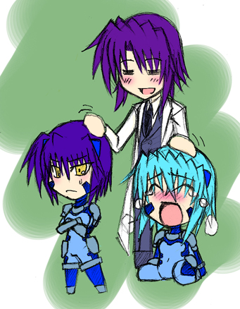 jail scaglietti, numbers (nanoha), sein (nanoha), tre (nanoha), lyrical nanoha, mahou shoujo lyrical nanoha, mahou shoujo lyrical nanoha strikers, eyebrows, lowres, 00s, 3girls, :o, blue bodysuit, blush, bodysuit, closed eyes, crossed arms, full-face blush, green background, headpat, lab coat, looking at viewer, multiple girls, necktie, open mouth, purple hair, short hair, simple background, skin tight, standing, yellow eyes