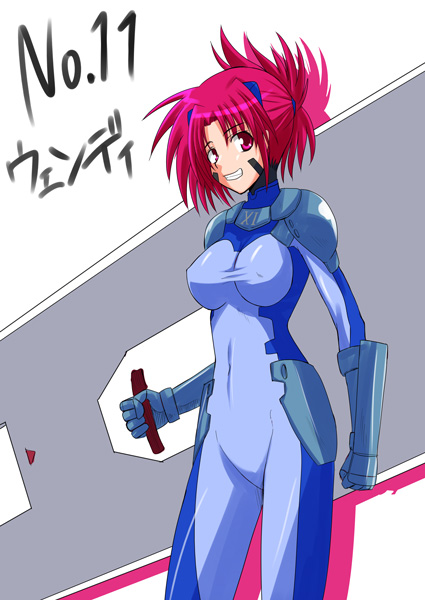 numbers (nanoha), wendi (nanoha), lyrical nanoha, mahou shoujo lyrical nanoha, mahou shoujo lyrical nanoha strikers, 00s, 1girl, character name, female focus, gauntlets, grin, huge weapon, smile, solo, weapon