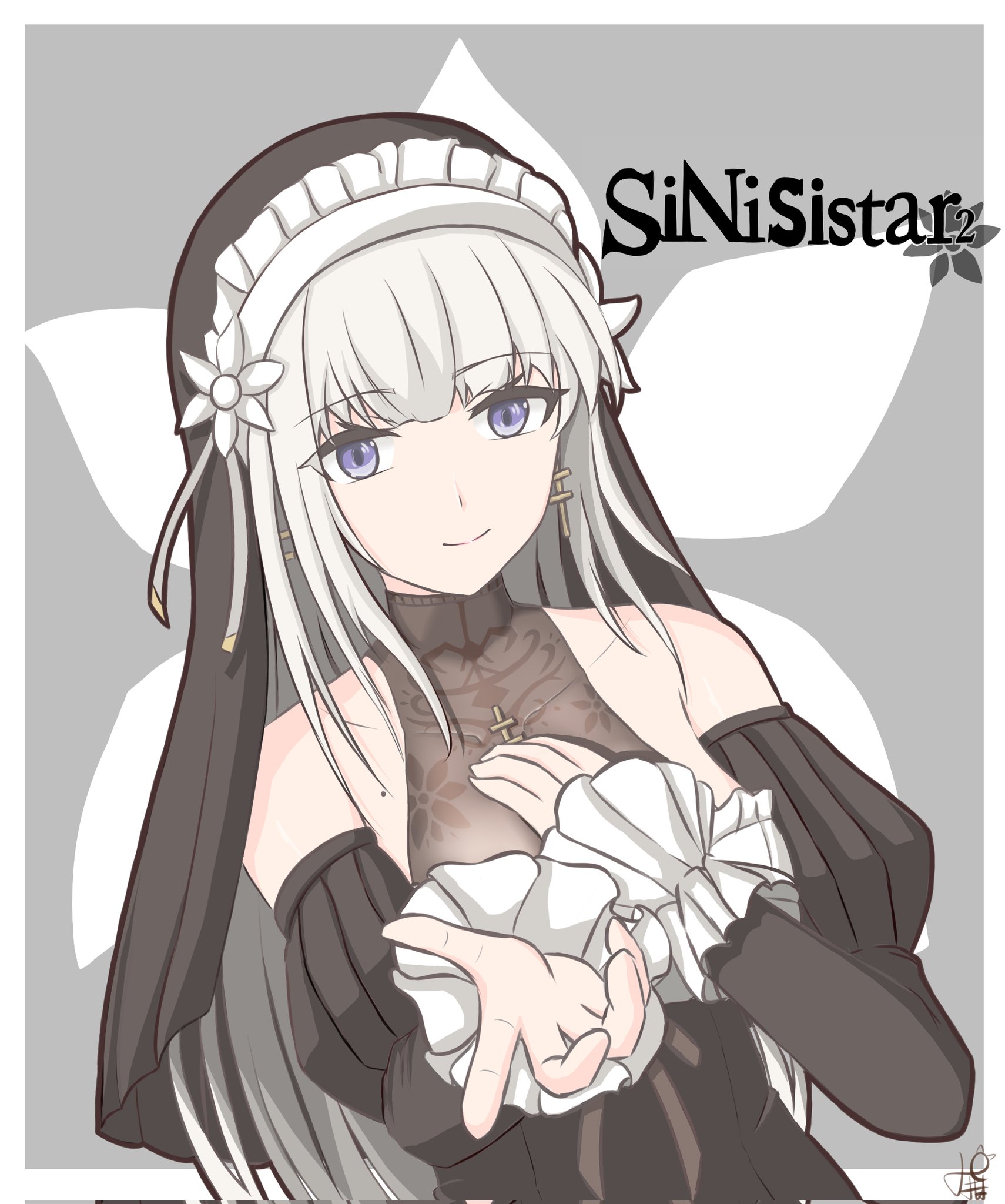 black bodystocking, highres, black dress, black sleeves, black veil, breasts, cross, detached sleeves, dress, grey ribbon, hand on own chest, lelia (sinisistar), looking at viewer, mole, mole on breast, nun, reaching, reaching towards viewer, sideboob, sinisistar 2, skrfubuki1, veil
