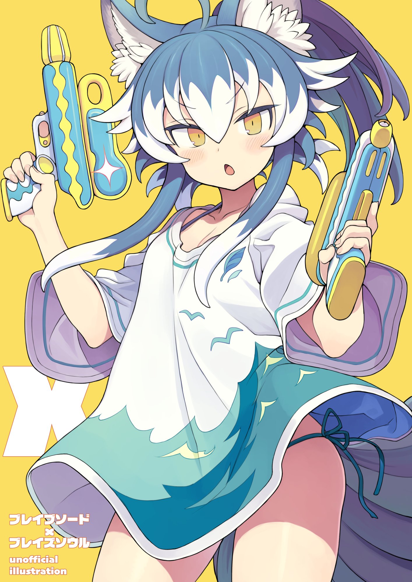 morino hon, original, highres, 1girl, bikini, bikini under clothes, blue hair, blush, dual wielding, hair between eyes, holding, holding water gun, looking at viewer, multicolored hair, open mouth, panties, shirt, simple background, solo, swimsuit, tail, two-tone hair, underwear, water gun, white hair, wide sleeves, yellow background, yellow eyes