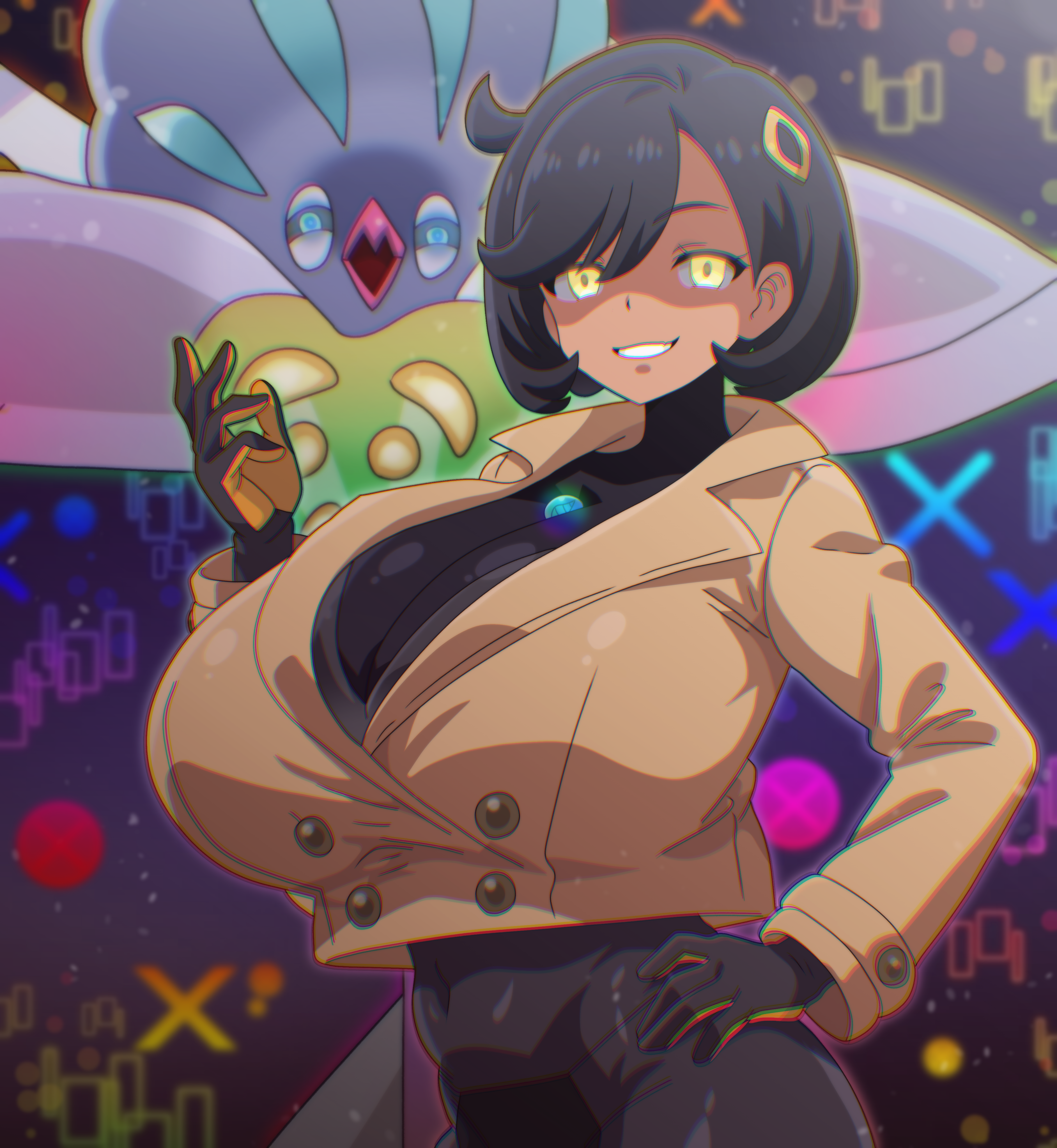 hitokiwa kenchin, emma (pokemon), malamar, mega malamar, nintendo, pokemon, pokemon legends: z-a, absurdres, highres, 1girl, breasts, gen 6 pokemon, huge breasts, mega stone, pokemon (creature)