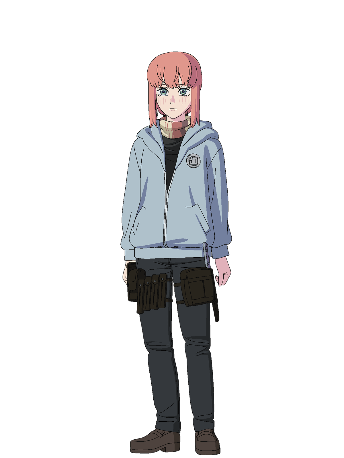 shikaku (character), shikaku (fujimoto tatsuki), non-web source, official art, 1girl, black pants, black shirt, blue hoodie, blush, closed mouth, green eyes, hoodie, long sleeves, pants, pink hair, scarf, serious, shirt, shoes, solo, transparent background, yellow scarf