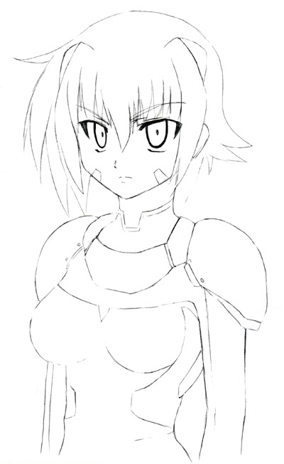 nove (nanoha), numbers (nanoha), lyrical nanoha, mahou shoujo lyrical nanoha, mahou shoujo lyrical nanoha strikers, 00s, 1girl, bodysuit, facial mark, female focus, greyscale, lineart, monochrome, solo