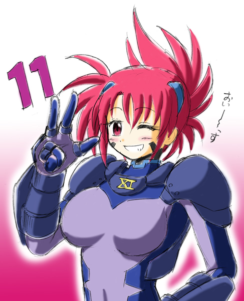 numbers (nanoha), wendi (nanoha), lyrical nanoha, mahou shoujo lyrical nanoha, mahou shoujo lyrical nanoha strikers, 00s, 1girl, armor, bodysuit, collar, covered navel, facial mark, female focus, grin, one eye closed, pink hair, purple bodysuit, red eyes, short hair, shoulder pads, simple background, skin tight, smile, solo, twintails, upper body, waving, white background