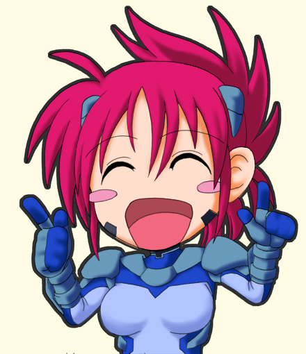 numbers (nanoha), wendi (nanoha), lyrical nanoha, mahou shoujo lyrical nanoha, mahou shoujo lyrical nanoha strikers, 00s, 1girl, blue bodysuit, blush stickers, bodysuit, chibi, closed eyes, facial mark, female focus, solo