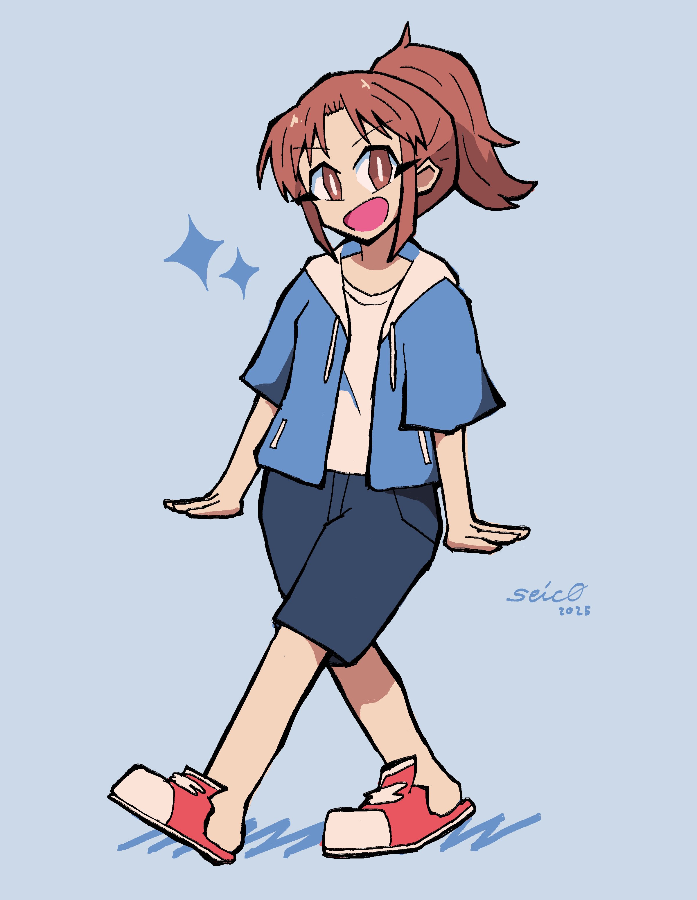 seisyun c0mplex, nagumo midori, city (arawi keiichi), converse, absurdres, highres, 1girl, 2025, artist name, blue background, blue jacket, blue shorts, brown eyes, brown hair, hood, hooded jacket, jacket, medium hair, open mouth, ponytail, red shoes, shirt, shoes, short ponytail, shorts, sparkle, walking, white shirt