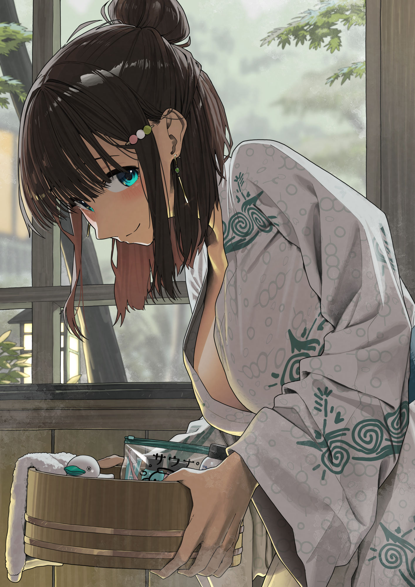 noeru, original, highres, 1girl, aqua eyes, bath yukata, bathrobe, blue eyes, blush, breasts, brown hair, bucket, closed mouth, earrings, from side, hair ornament, hairclip, holding, indoors, japanese clothes, jewelry, kimono, large breasts, long sleeves, looking at viewer, medium hair, short hair, sidelocks, smile, solo, towel, upper body, white kimono, window, wooden bucket, yukata