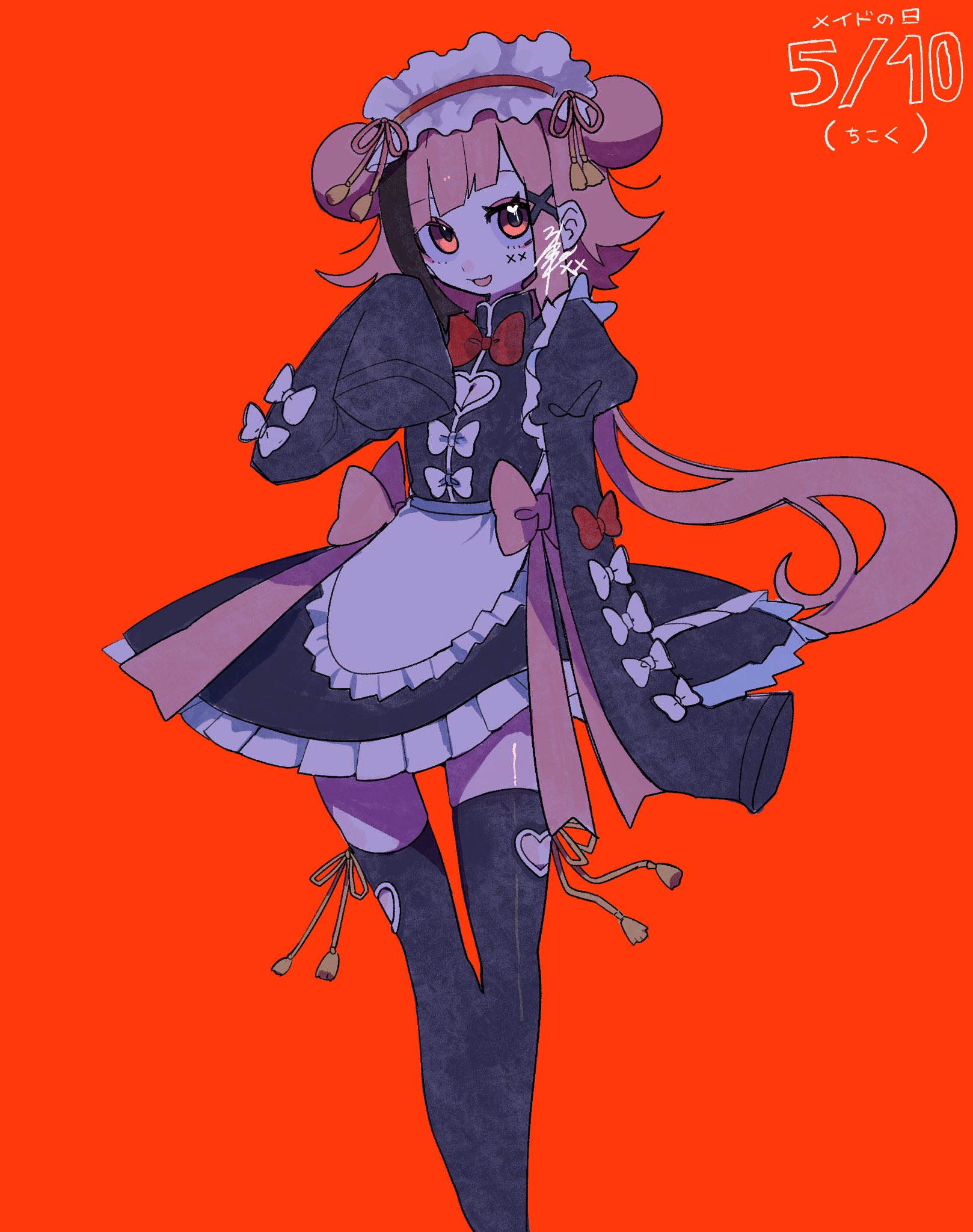 lonepi, original, commentary request, highres, 1girl, :d, apron, arm at side, black dress, black hair, black thighhighs, bow, bow apron, bowtie, breasts, cleavage, cleavage cutout, clothing cutout, dated, diagonal bangs, double bun, dress, facial mark, feet out of frame, film grain, frilled apron, frilled dress, frilled hairband, frills, hair bun, hair ornament, hairband, hand up, heart, heart cutout, heart in eye, juliet sleeves, long hair, long sleeves, looking at viewer, low ponytail, maid, maid apron, maid day, multicolored hair, open mouth, pink bow, ponytail, puffy sleeves, red background, red bow, red bowtie, red eyes, red hairband, ribbon, ribbon-trimmed hairband, ribbon-trimmed thighhighs, ribbon trim, short dress, simple background, skindentation, sleeve bow, sleeves past fingers, sleeves past wrists, small breasts, smile, solo, standing, streaked hair, symbol in eye, thigh gap, thighhighs, turtleneck, turtleneck dress, two-tone hair, upturned eyes, very long hair, waist apron, white apron, white bow, x (symbol), x facial mark, x hair ornament, yellow ribbon, zettai ryouiki