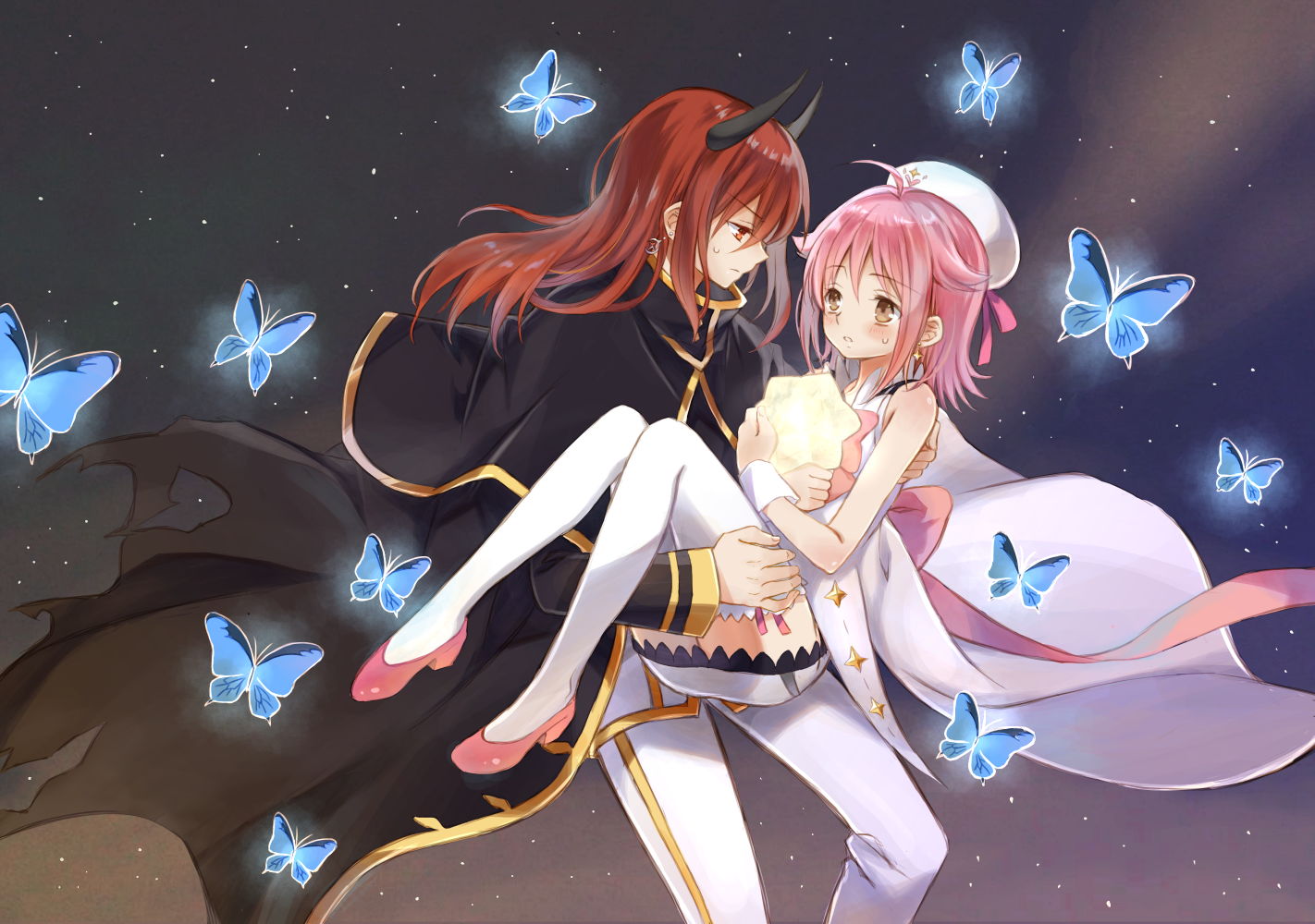 apple trees, minato (houkago no pleiades), subaru (houkago no pleiades), houkago no pleiades, commentary request, 1boy, 1girl, ahoge, androgynous, back bow, black capelet, black coat, black horns, blue butterfly, blush, bow, brown eyes, bug, butterfly, candy, cape, capelet, carrying, carrying person, closed mouth, coat, dark persona, demon boy, double-parted bangs, dress, earrings, floating hair, food, foot out of frame, frilled dress, frilled shirt collar, frilled thighhighs, frills, full body, gold trim, hair between eyes, hand on another's back, hand on another's thigh, hat, holding, holding candy, holding food, horns, insect, jacket, jewelry, knee up, long hair, looking at another, magical girl, pants, parted lips, pink bow, pink hair, pink ribbon, pink shoes, red eyes, red hair, ribbon, shoes, sidelocks, single earring, sky, sleeveless, sleeveless dress, star (sky), star (symbol), star earrings, starry sky, starry sky background, sweatdrop, thighhighs, torn clothes, torn coat, white cape, white dress, white hat, white jacket, white pants, white thighhighs