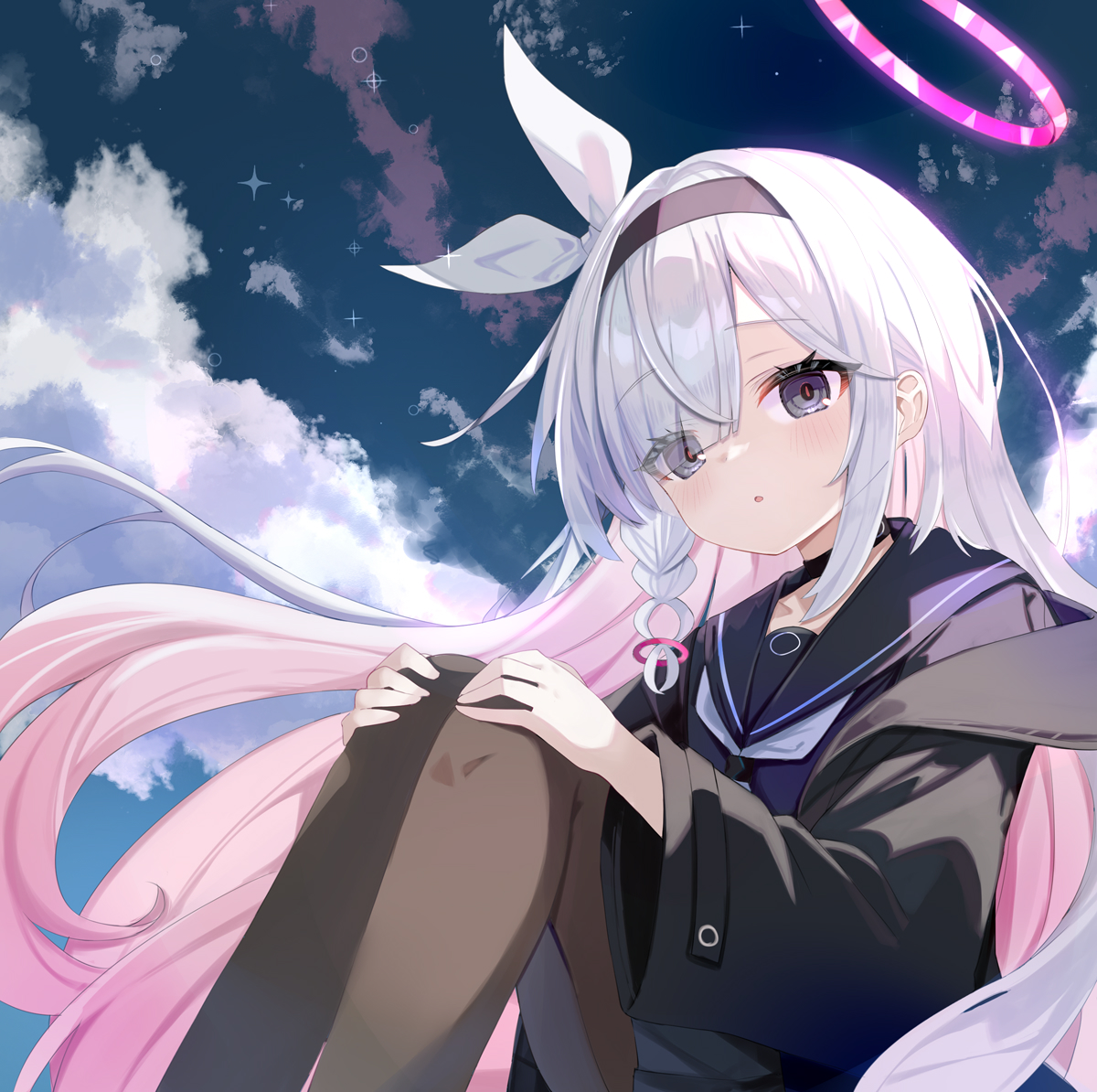 yatani row, plana (blue archive), 1girl, black choker, black coat, black eyes, black hairband, black pantyhose, black sailor collar, black serafuku, black skirt, braid, choker, coat, colored inner hair, hair over one eye, hairband, halo, long hair, long sleeves, looking at viewer, multicolored hair, neckerchief, open clothes, open coat, pantyhose, pink hair, pleated skirt, sailor collar, school uniform, serafuku, single braid, skirt, sky, solo, white hair, white neckerchief