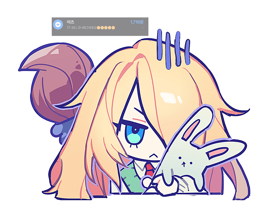 zombie high school, korean commentary, 1girl, :<, blonde hair, blue eyes, chibi, closed mouth, collared shirt, go na-rae, hair over one eye, holding, holding stuffed toy, long hair, long sleeves, looking at viewer, mungymayhem, necktie, red necktie, shirt, simple background, solo, staff, stuffed animal, stuffed rabbit, stuffed toy, upper body, white background, white shirt