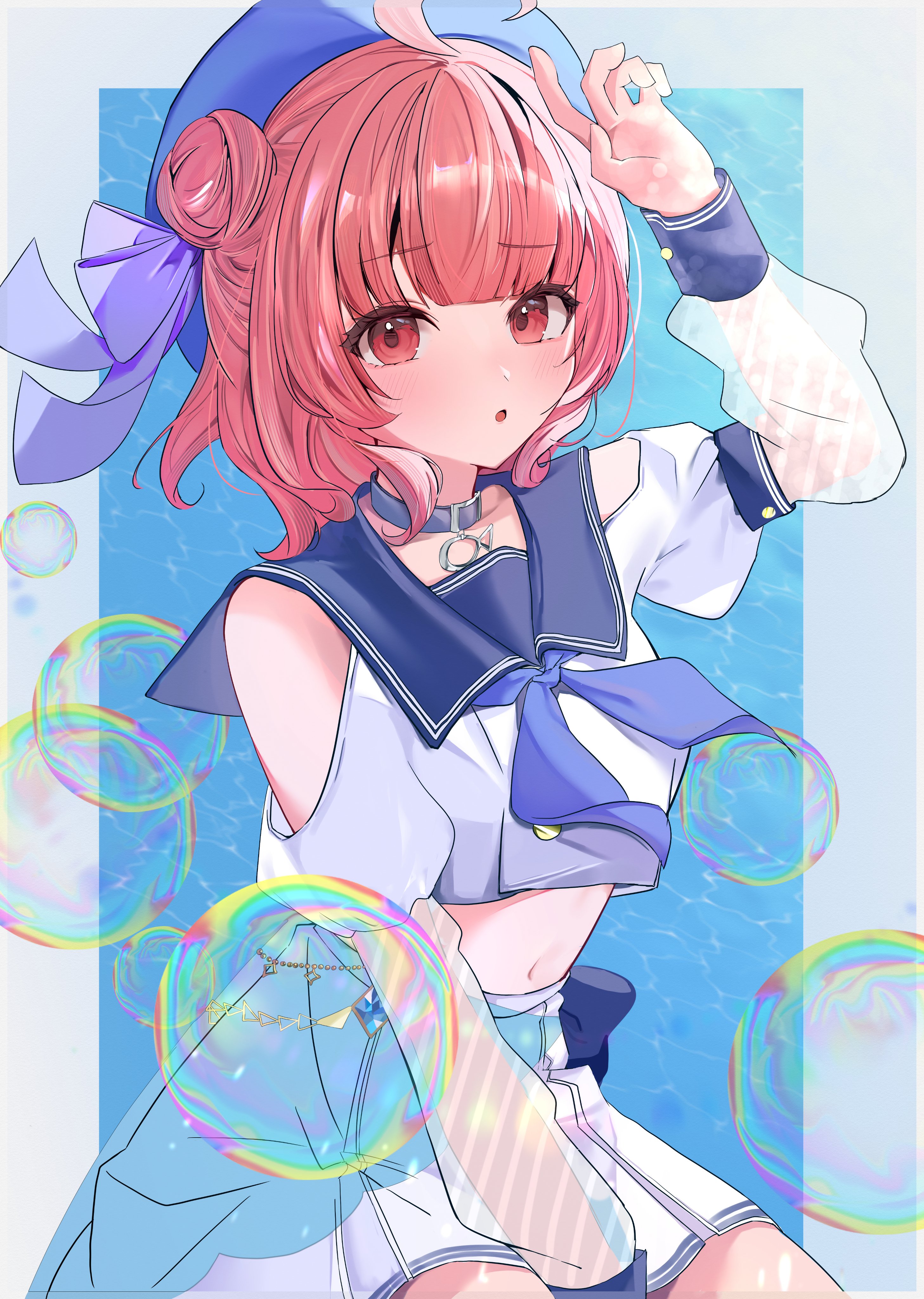 karikaridi, yumeno akari, vspo!, absurdres, commentary request, highres, 1girl, arm up, beret, blue hat, blue neckerchief, blush, bubble, collar, cropped shirt, double bun, hair bun, hat, looking at viewer, navel, neckerchief, open mouth, pink eyes, pink hair, skirt, solo, virtual youtuber