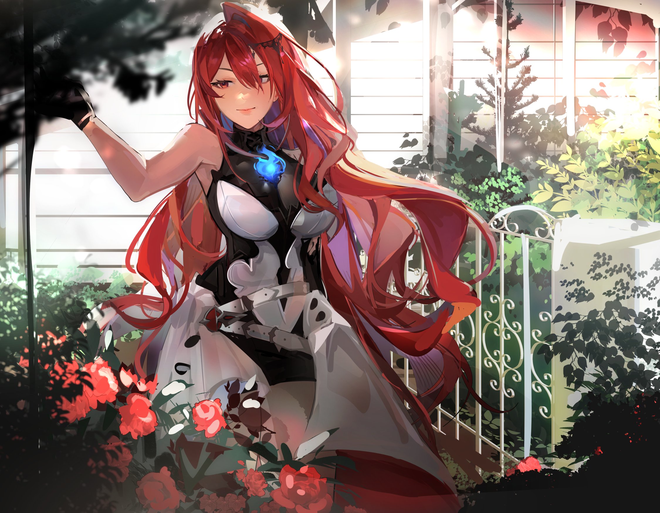 elizabeth rose bloodflame, elizabeth rose bloodflame (1st costume), hololive, hololive english, highres, 1girl, ahoge, black thighlet, blue fire, blue hair, breasts, co qumii, colored inner hair, dress, fire, fire on chest, flower, garden, gate, gloves, huge ahoge, large breasts, long hair, looking at viewer, multicolored hair, outdoors, red eyes, red flower, red hair, red rose, rose, smile, solo, two-tone hair, very long hair, virtual youtuber, white dress