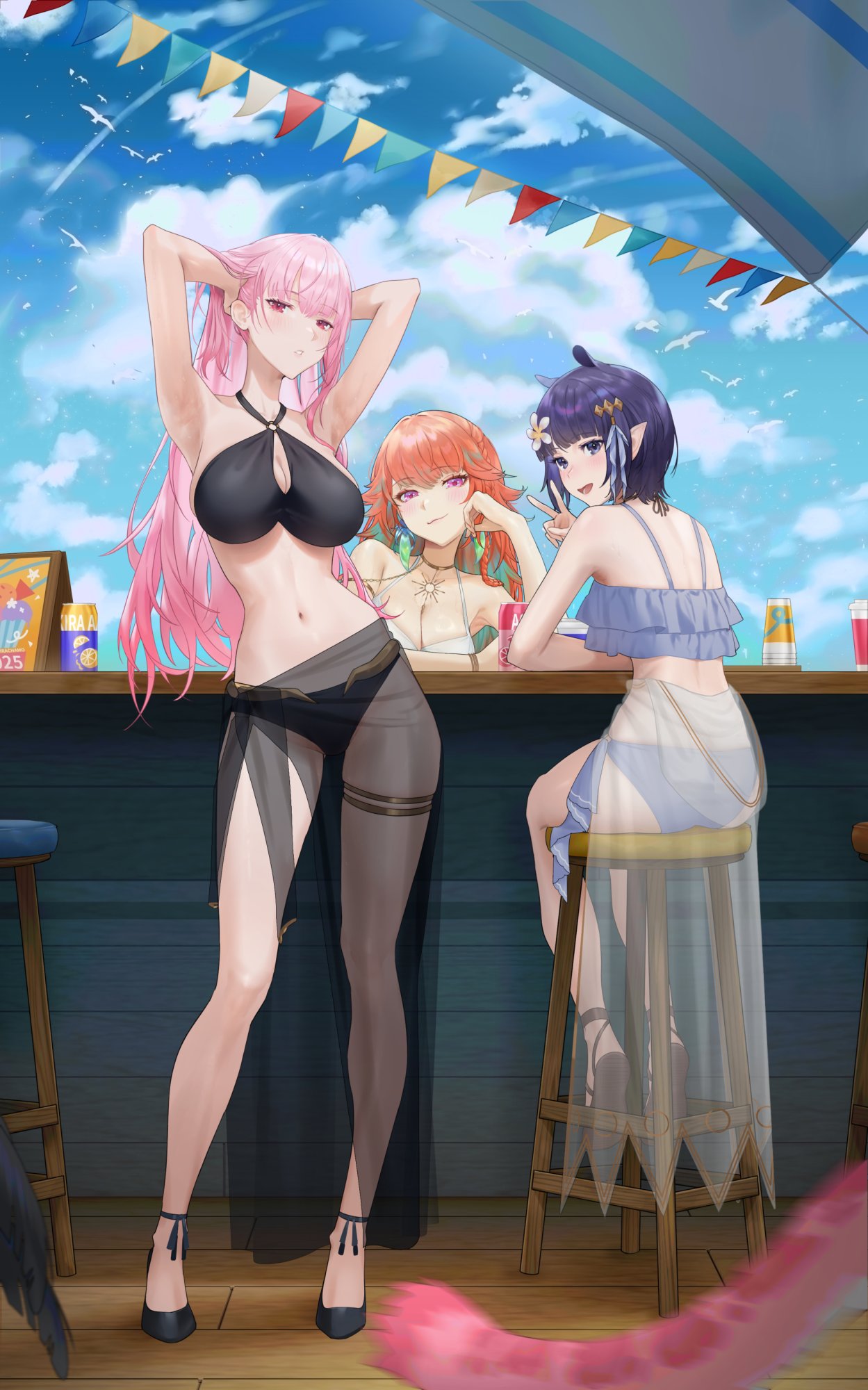 kirachamo, mori calliope, mori calliope (holonatsu paradise), nerissa ravencroft, ninomae ina'nis, ninomae ina'nis (holonatsu paradise), raora panthera, takanashi kiara, takanashi kiara (holonatsu paradise), hololive, hololive english, highres, 3girls, arm behind head, armpits, ass, bare shoulders, bikini, bird, black bikini, black shoes, black wings, blue bikini, blue sky, blurry, blurry foreground, breasts, can, cloud, cloudy sky, colored inner hair, contrapposto, counter, cup, day, disposable cup, drink can, earrings, feather earrings, feathered wings, feathers, flower, frilled bikini, frills, full body, gold thighlet, green hair, hair flower, hair ornament, hand in own hair, jewelry, large breasts, looking at viewer, looking back, multicolored hair, multiple girls, navel, o-ring, o-ring top, official alternate hairstyle, on stool, open mouth, orange hair, out of frame, panther tail, parted lips, pink eyes, pink hair, pointy ears, purple eyes, purple hair, sandals, sarong, see-through clothes, see-through sarong, shoes, short hair, sitting, sky, smile, smug, standing, streaked hair, string of flags, swimsuit, tail, thighlet, v, virtual youtuber, white flower, wings, wooden floor
