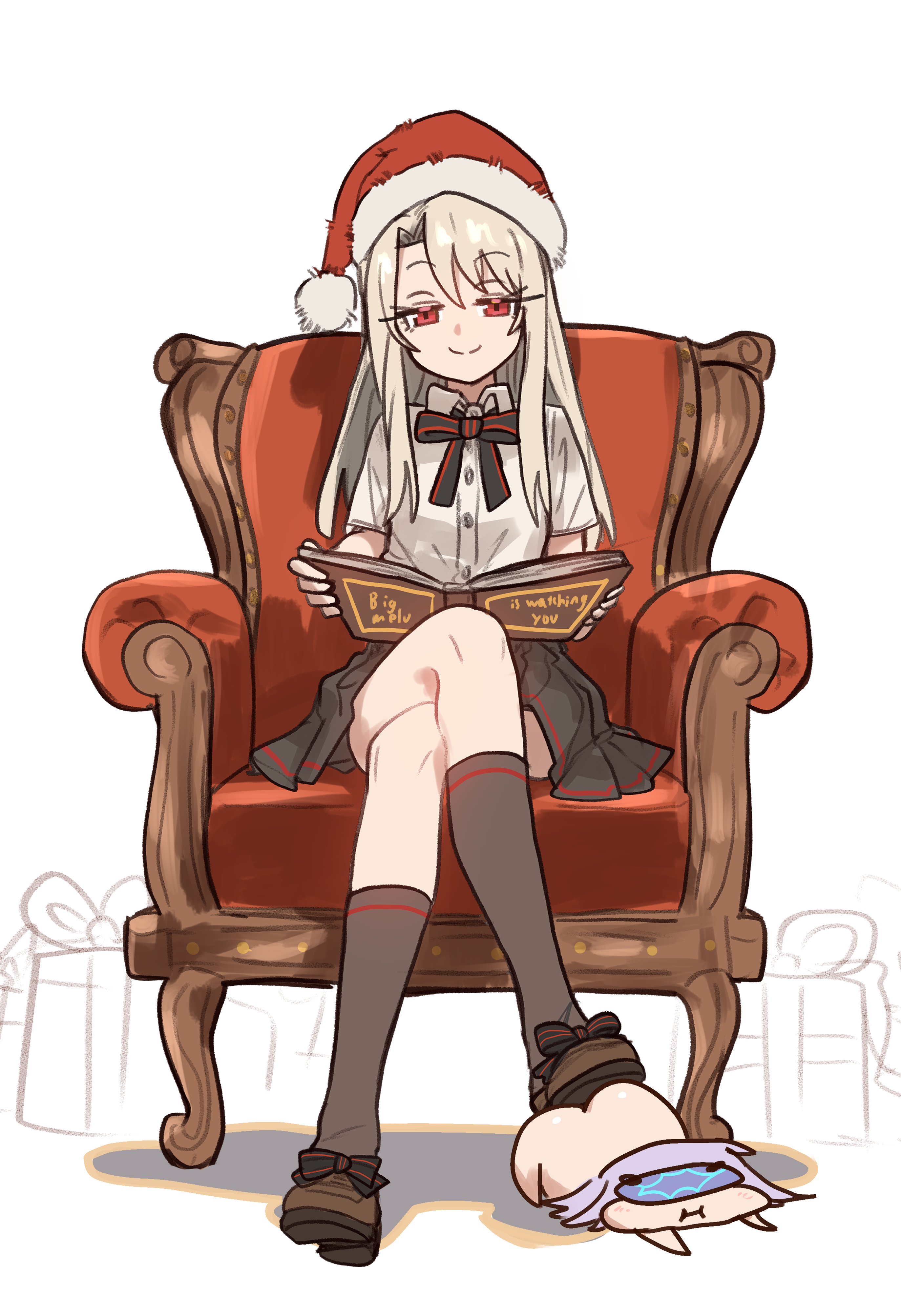 ebora, illyasviel von einzbern, melusine (fate), fate/grand order, fate/kaleid liner prisma illya, fate (series), absurdres, bad link, highres, 2girls, black skirt, book, bow, bowtie, breasts, brown shoes, brown socks, chair, chibi, crossed legs, fur-trimmed headwear, fur trim, hat, kneehighs, loafers, long hair, looking at viewer, multiple girls, red eyes, red hat, santa hat, shirt, shoes, short sleeves, sidelocks, sitting, skirt, small breasts, smile, socks, white hair, white shirt