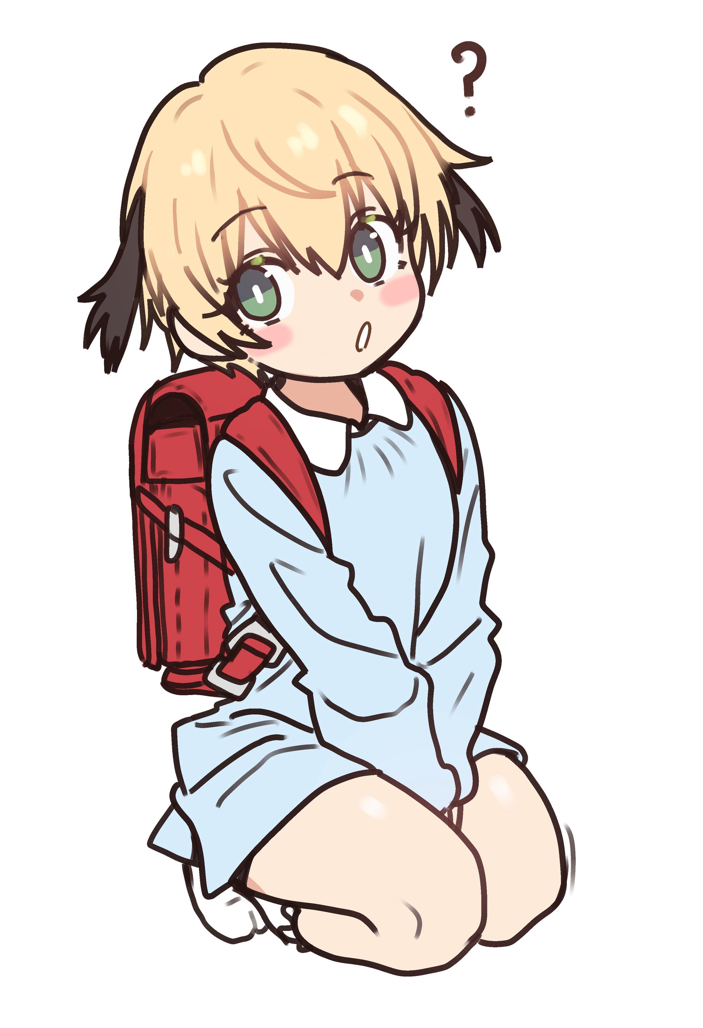 ebora, gareth (fate), fate/grand order, fate (series), absurdres, bad link, highres, 1girl, ?, aged down, backpack, bag, blonde hair, blue shirt, blush stickers, breasts, green eyes, hair flaps, long sleeves, looking at viewer, open mouth, randoseru, shirt, short hair, small breasts, socks, solo