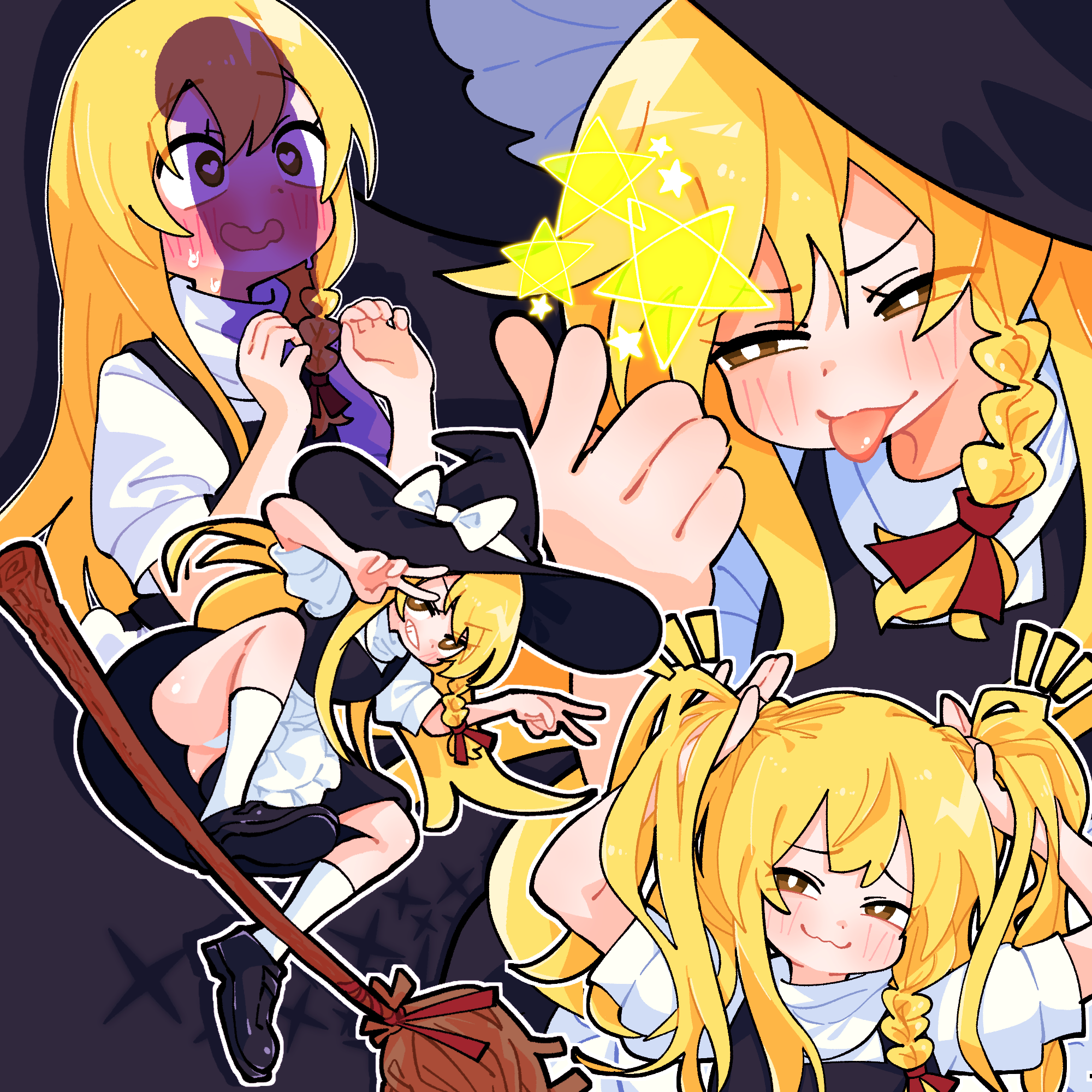 gram 9, kirisame marisa, touhou, commentary, highres, 1girl, :p, alternate hairstyle, apron, black shoes, black skirt, black vest, blonde hair, blush, bow, braid, broom, broom surfing, brown eyes, closed mouth, grin, hair bow, hat, hat bow, heart, heart-shaped pupils, long hair, multiple views, no headwear, open mouth, panties, pantyshot, penis awe, penis shadow, puffy short sleeves, puffy sleeves, shoes, short sleeves, side braid, single braid, skirt, smile, socks, star (symbol), sweat, symbol-shaped pupils, tongue, tongue out, twintails, underwear, very long hair, vest, waist apron, white apron, white bow, white panties, white socks, witch hat