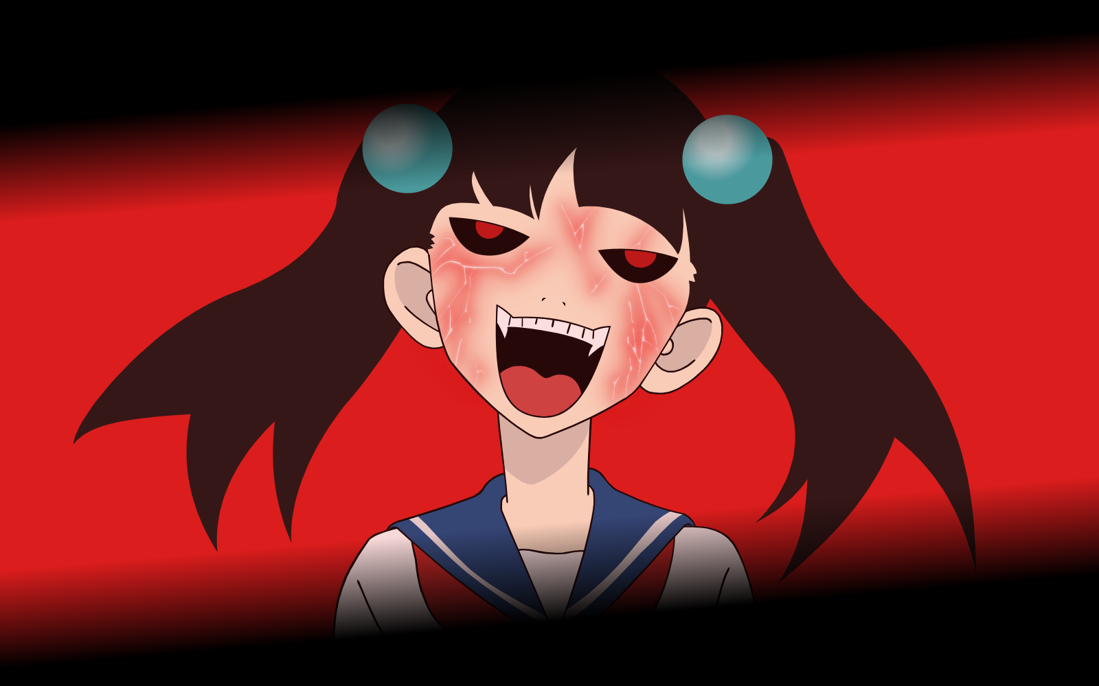 otonashi meru, sayonara zetsubou sensei, derivative work, highres, vector trace, 00s, fangs, red eyes, school uniform, serafuku, solo, twintails