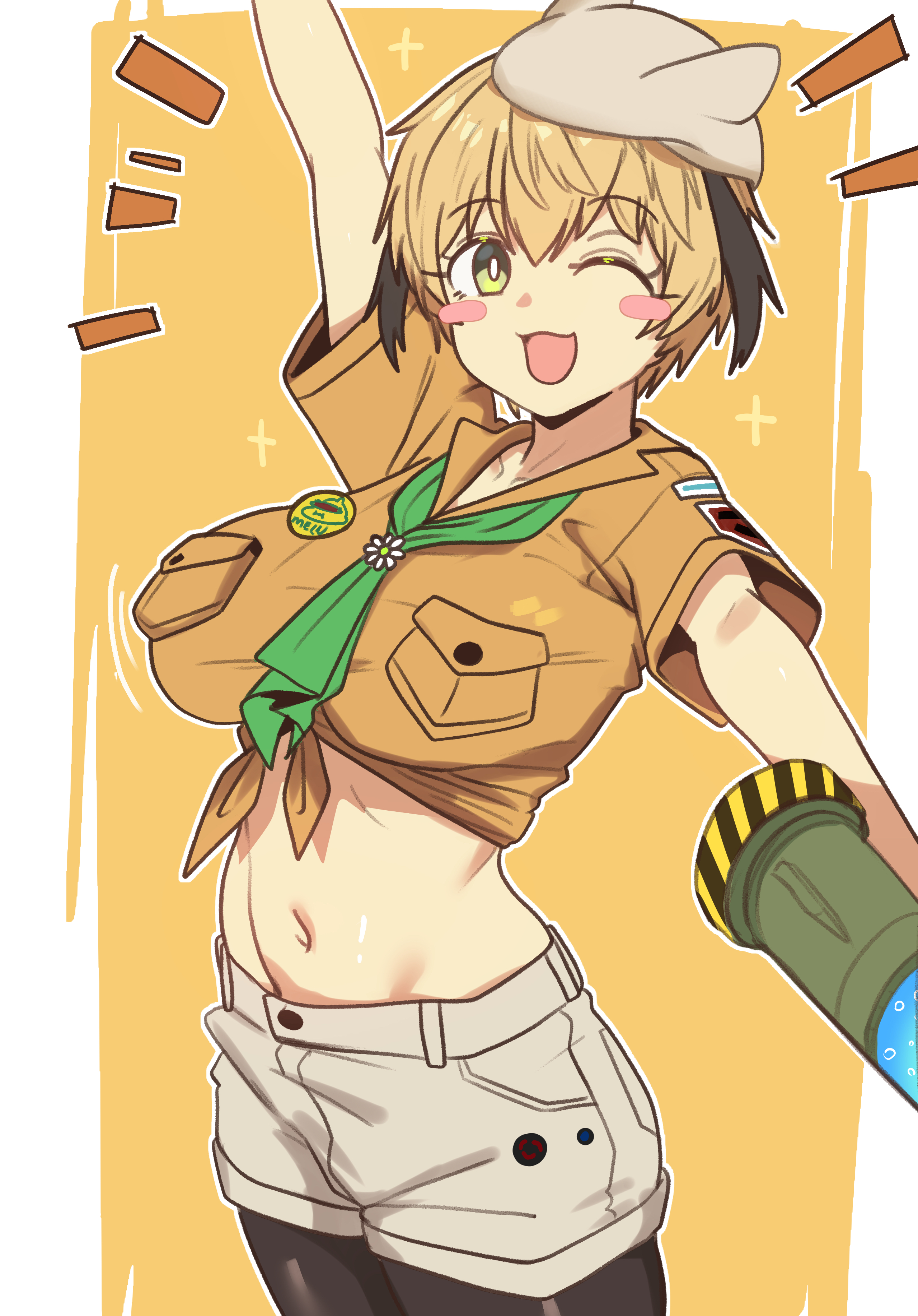 ebora, barghest (fate), barghest (swimsuit archer) (first ascension) (fate), gareth (fate), fate/grand order, fate (series), absurdres, bad link, highres, 1girl, :d, alternate breast size (larger), arm up, barghest (fate) (cosplay), blonde hair, blush stickers, bouncing breasts, breast pocket, breasts, bright pupils, brown pantyhose, cosplay, emphasis lines, eyebrows hidden by hair, green eyes, grey hat, grey shorts, hair flaps, hat, large breasts, long hair, looking at viewer, midriff, motion lines, navel, neckerchief, one eye closed, open mouth, pantyhose, pocket, shirt, short hair, short sleeves, shorts, simple background, smile, solo, tied shirt, two-tone background, white background, yellow background, yellow shirt