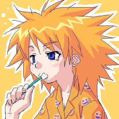 zen, sasamori karin, to heart (series), to heart 2, lowres, 00s, 1girl, bad hair day, blouse, brushing teeth, female focus, messy hair, oekaki, orange background, orange shirt, orange theme, pajamas, print shirt, shirt, sleepy, solo, toothbrush