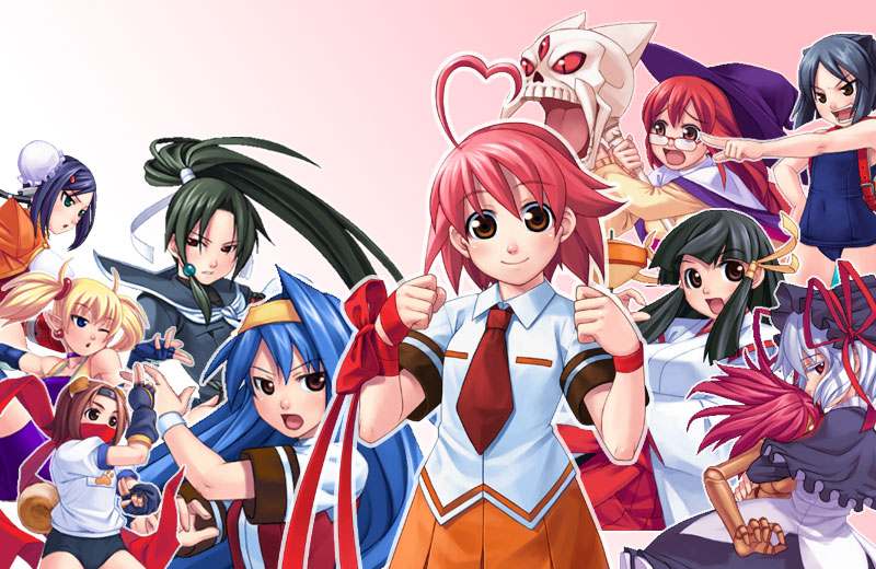 mizuki gyokuran, aino heart, daidouji kira, elfriede (arcana heart), kasuga maori, konoha (arcana heart), lieselotte achenbach, lilica felchenerow, mei-fang, mike (arcana heart), tokinomiya kamui, tsuzura saki, yasuzumi yoriko, aq interactive, arcana heart, atlus, examu, official art, 6+girls, ahoge, android, angry, animal ears, backpack, bag, black hair, blonde hair, blowing kiss, blue hair, blunt bangs, blush, bob cut, braid, breasts, brown hair, bun cover, buruma, cable, capelet, cat ears, clenched hands, collar, demon girl, dog ears, dog tail, doll, doll joints, double bun, earrings, elbow pads, everyone, fangs, fighting stance, fingerless gloves, flat chest, glasses, gloves, glowing, glowing eyes, green hair, gym uniform, hair bun, hair ornament, hair ribbon, hairband, hairclip, hand on own hip, hat, headband, heart, heart ahoge, hime cut, horns, japanese clothes, jewelry, joints, large breasts, lolita fashion, lolita hairband, long hair, miko, misono gakuen school uniform, multiple girls, necktie, ninja, one-piece swimsuit, one eye closed, open mouth, orange skirt, pink hair, pointy ears, ponytail, randoseru, red hair, ribbon, scarf, school swimsuit, school uniform, serafuku, short hair, short twintails, skirt, skull, smile, staff, swimsuit, tail, teeth, third eye, tongue, twintails, very long hair, white hair, wink, witch, witch hat, wristband
