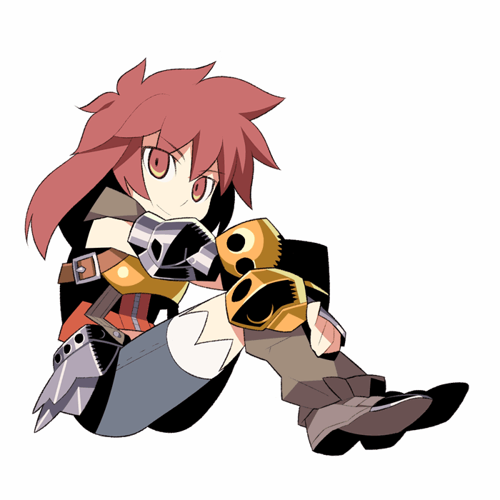 himukai yuuji, swordsman (sekaiju), swordsman 2 (sekaiju), atlus, etrian odyssey, 1girl, androgynous, boots, brown boots, female focus, full body, gauntlets, knee boots, knees up, red eyes, red hair, short hair, shorts, simple background, sitting, solo, white background