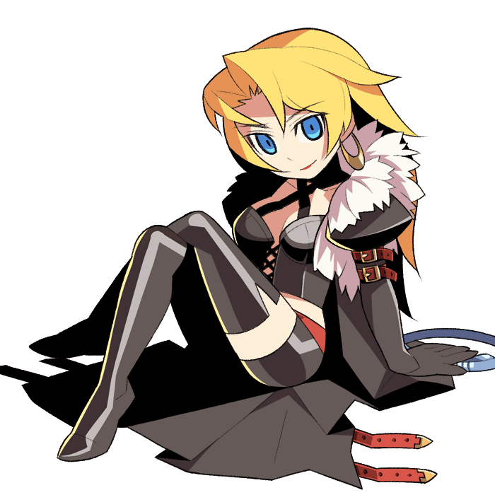 himukai yuuji, dark hunter, dark hunter (sekaiju), dark hunter 2, atlus, etrian odyssey, official art, 1girl, black skirt, black thighhighs, blue eyes, collarbone, criss-cross halter, earmuffs, female focus, full body, fur collar, halterneck, jacket, long sleeves, looking at viewer, open clothes, open jacket, pencil skirt, sitting, skirt, smile, solo, thighhighs