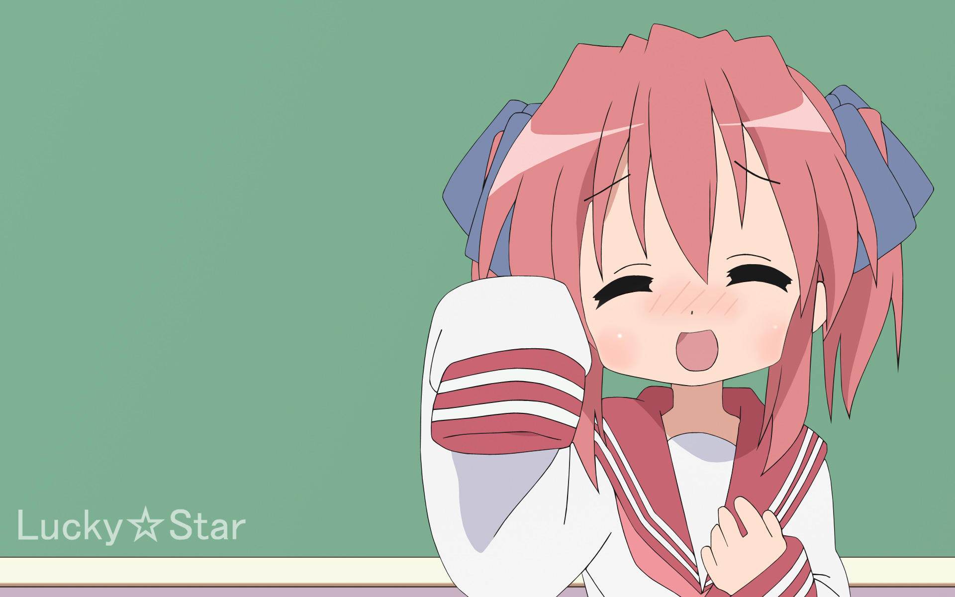 kobayakawa yutaka, lucky star, derivative work, highres, vector trace, 00s, blush, chalkboard, closed eyes, oversized clothes, school uniform, serafuku, solo