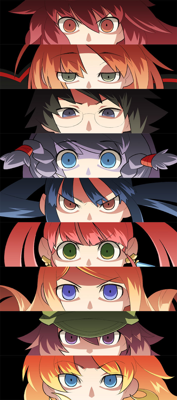alchemist (sekaiju), alchemist 2 (sekaiju), bard (sekaiju), bard 2 (sekaiju), bushidou (sekaiju), bushidou 2 (sekaiju), curse maker, curse maker 2, dark hunter, dark hunter (sekaiju), dark hunter 2, medic (sekaiju), medic 2 (sekaiju), paladin (sekaiju), paladin 2 (sekaiju), ranger, ranger (sekaiju), ranger 2 (sekaiju), swordsman (sekaiju), swordsman 2 (sekaiju), atlus, etrian odyssey, persona, persona 3, highres, 6+girls, alchemist, bard, column lineup, cut-in, everyone, eye focus, lineup, multiple girls, paladin, parody, persona eyes