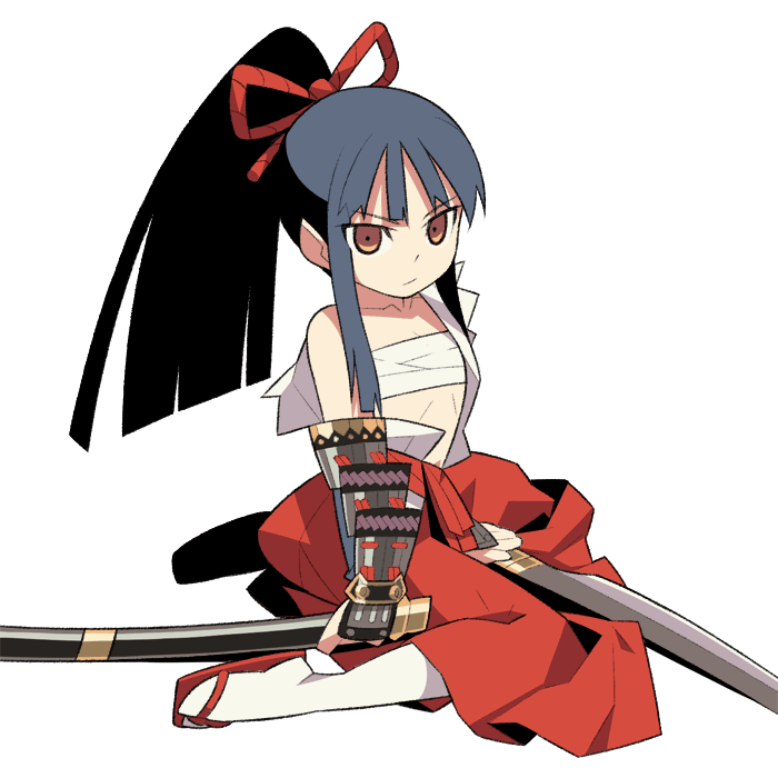 himukai yuuji, bushidou (sekaiju), bushidou 2 (sekaiju), atlus, etrian odyssey, 1girl, armor, bare shoulders, blue hair, brown hair, clothing cutout, female focus, flat chest, frown, hakama, hakama skirt, hip vent, japanese armor, japanese clothes, katana, kote, long hair, looking at viewer, midriff, off shoulder, open clothes, open shirt, ponytail, profile, red hakama, rope, samurai, sarashi, sheath, shirt, sidelocks, simple background, sitting, skirt, socks, solo, sword, tabi, weapon, white socks