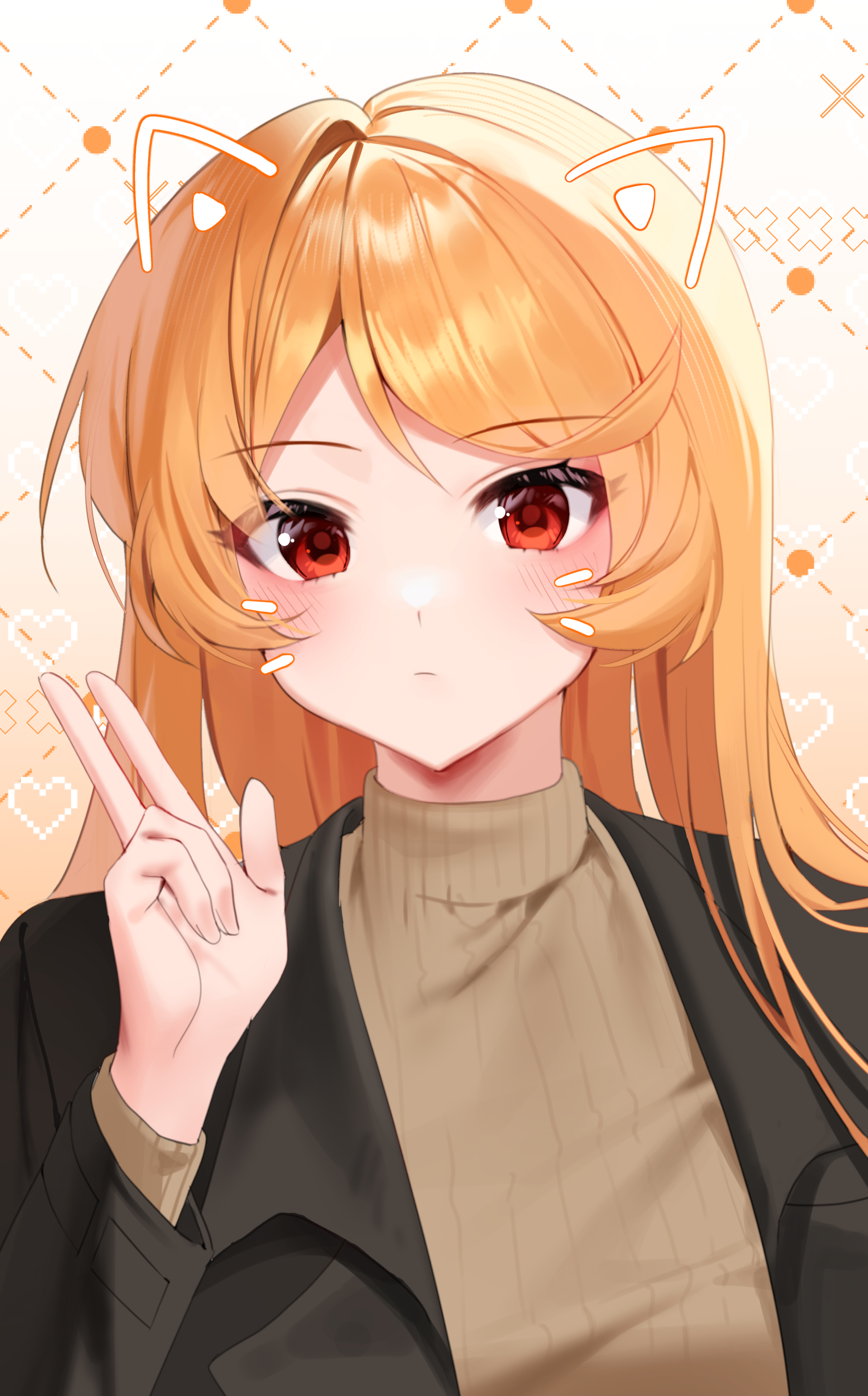 zombie high school, absurdres, highres, korean commentary, 1girl, black jacket, blonde hair, blush, brown sweater, closed mouth, hand up, jacket, jo ye-ji, long hair, long sleeves, looking at viewer, open clothes, open jacket, red eyes, ribbed sweater, rkgk ymmm, solo, sweater, turtleneck, turtleneck sweater, upper body, v