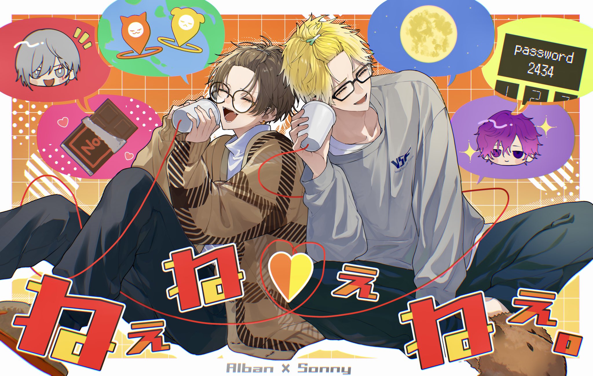 doro kawae, alban knox, fulgur ovid, sonny brisko, uki violeta, nijisanji, nijisanji en, highres, blonde hair, blush, brown hair, closed eyes, collarbone, cup, fangs, glasses, heterochromia, holding, holding cup, slippers, string phone, sweater