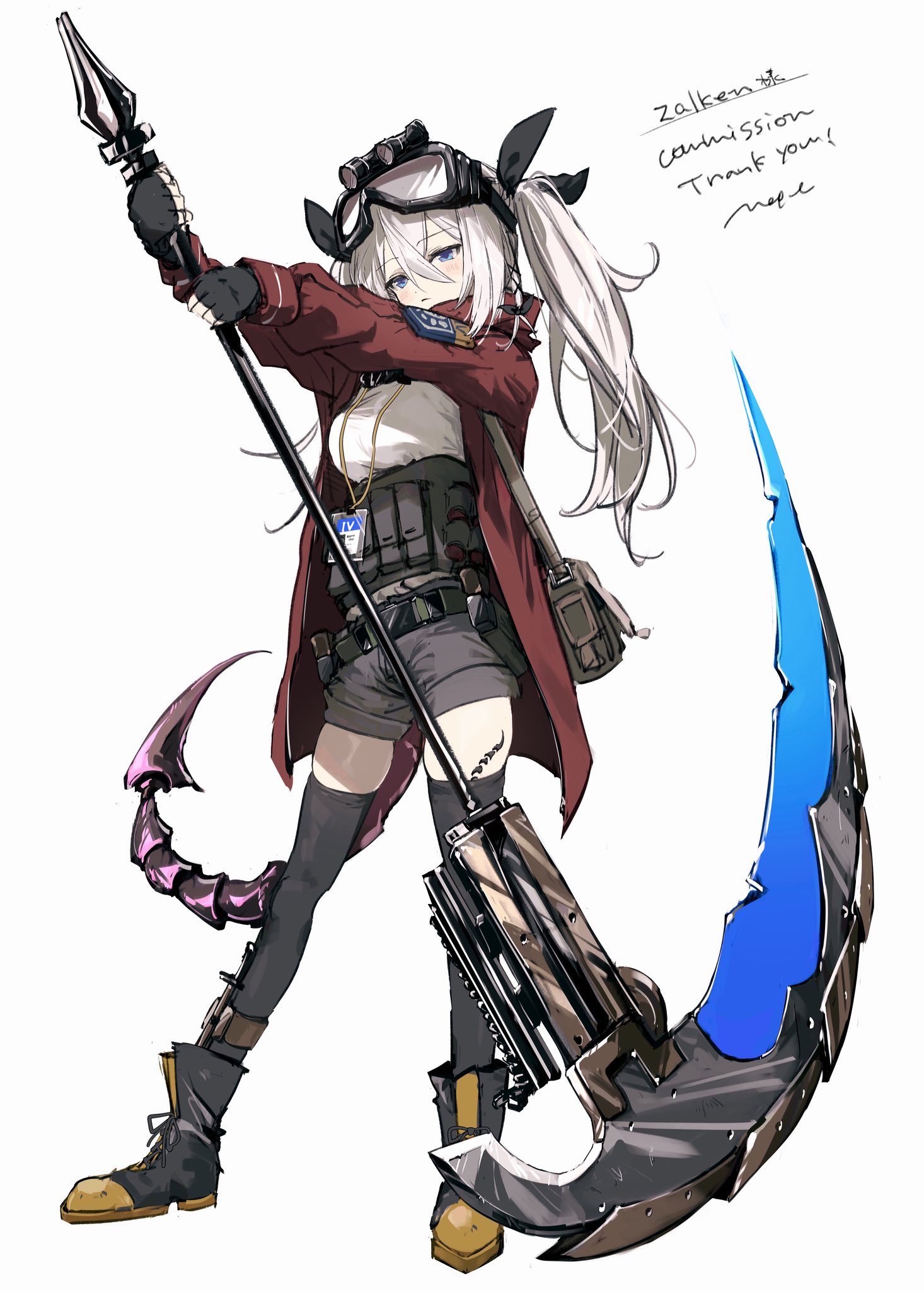 pppmepl, original, commission, highres, skeb commission, 1girl, bag, belt, black gloves, black shorts, black thighhighs, blue eyes, fingerless gloves, gloves, goggles, goggles on head, hair between eyes, holding, holding scythe, holding weapon, id card, jacket, long hair, long sleeves, looking at viewer, open clothes, pouch, red jacket, scythe, shirt, shorts, simple background, solo, tail, thighhighs, twintails, weapon, white background, white hair, white shirt