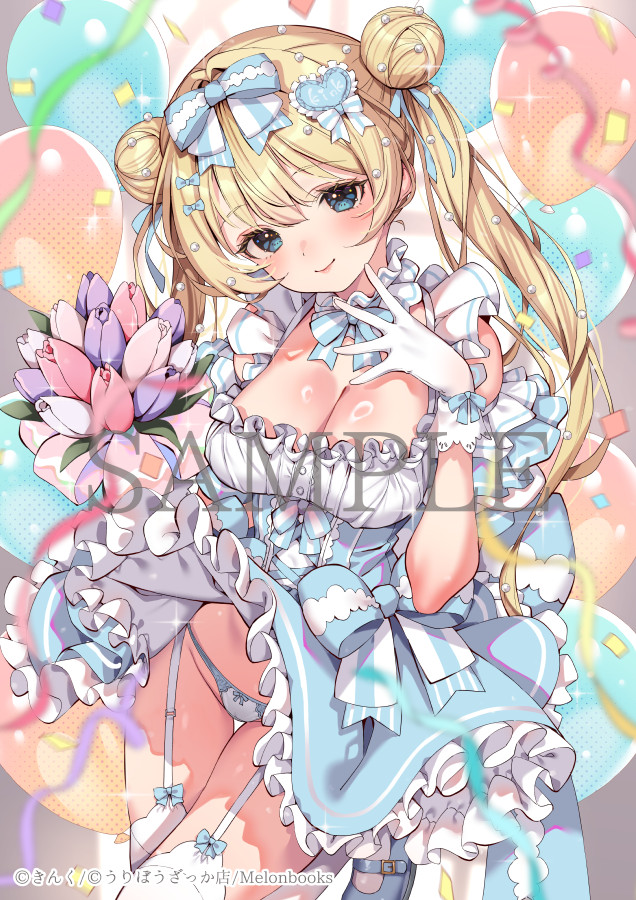 kink (tortoiseshell), original, commentary request, 1girl, balloon, blonde hair, blue bow, blue bowtie, blue eyes, blue panties, blue shoes, blurry, blurry background, bouquet, bow, bowtie, breasts, choker, cleavage, clothes lift, confetti, copyright notice, cowboy shot, double bun, dress, dress lift, flower, frilled dress, frills, garter straps, gloves, hair bun, hand up, holding, holding bouquet, large breasts, light blush, light smile, long hair, looking at viewer, medium dress, panties, pantyshot, pink flower, purple flower, shoes, standing, standing on one leg, straight hair, striped bow, striped bowtie, striped clothes, thighhighs, twintails, underwear, white choker, white flower, white garter straps, white gloves, white thighhighs, white wrist cuffs, wrist cuffs