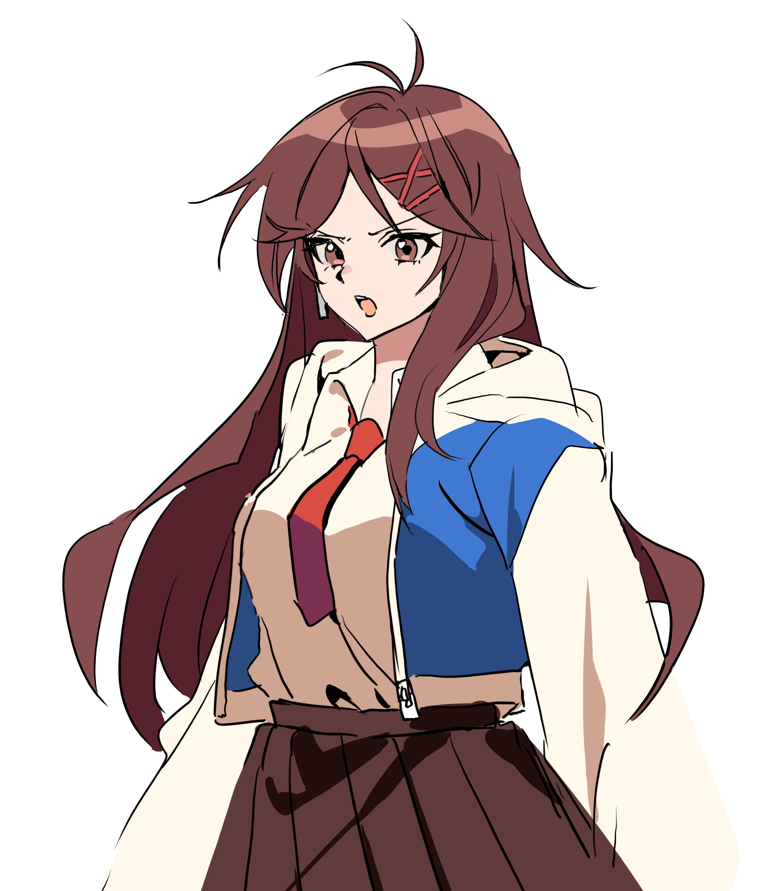 zombie high school, absurdres, highres, korean commentary, 1girl, blue jacket, breasts, brown eyes, brown hair, brown skirt, collared shirt, earrings, hair ornament, hairclip, hood, hooded jacket, hoodie, jacket, jeong ye-seul, jewelry, long hair, necktie, open clothes, open mouth, pleated skirt, red necktie, rkgk ymmm, shirt, shirt tucked in, simple background, skirt, solo, v-shaped eyebrows, white background, white shirt, x hair ornament