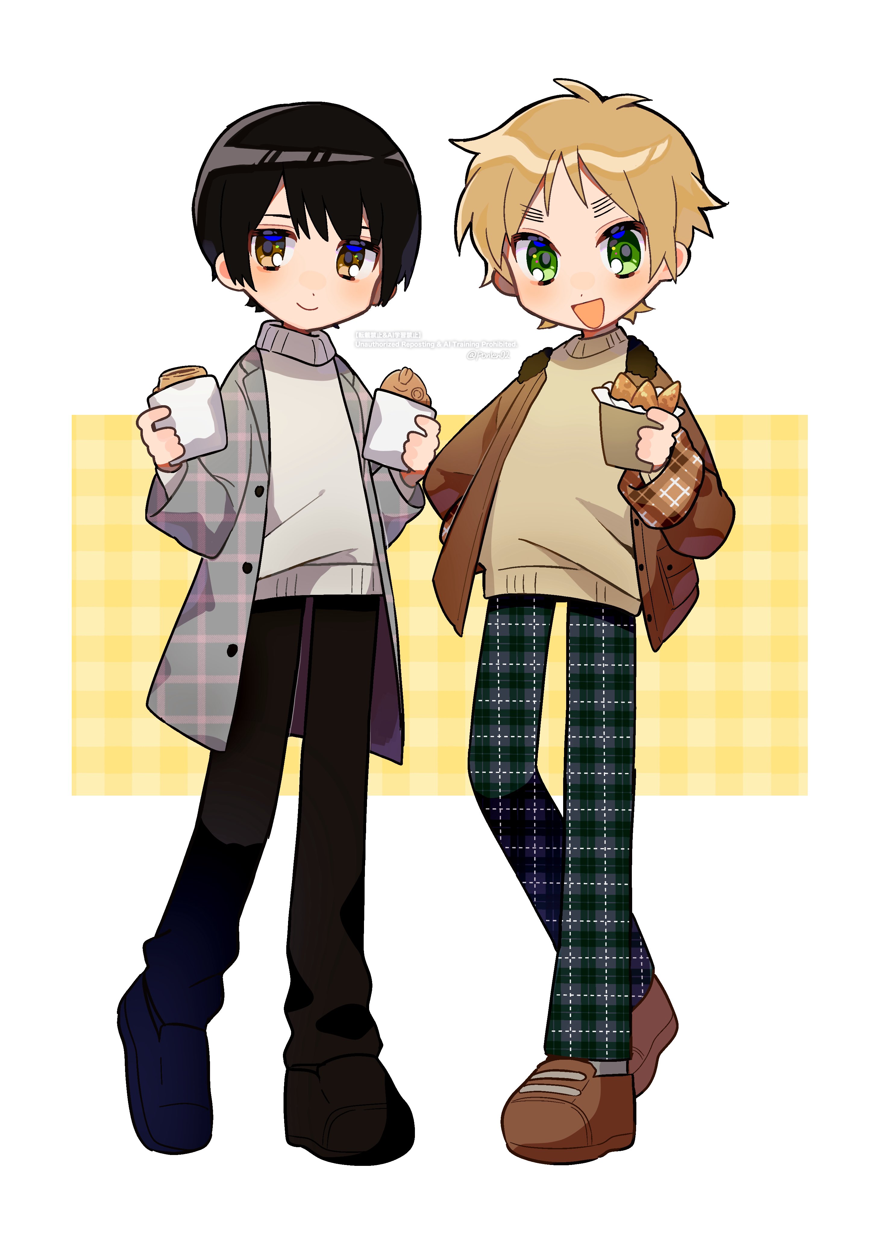 ponlen02, japan (hetalia), united kingdom (hetalia), axis powers hetalia, absurdres, commentary request, highres, 2boys, black hair, black pants, black shoes, blonde hair, blush, border, brown jacket, brown shoes, buttons, closed mouth, food, full body, fur-trimmed jacket, fur trim, green eyes, green pants, grey jacket, hand in pocket, hand up, hands up, holding, holding food, jacket, lapels, long sleeves, looking at viewer, male focus, multiple boys, open clothes, open jacket, open mouth, outside border, pants, plaid background, plaid clothes, plaid jacket, plaid pants, pocket, puffy long sleeves, puffy sleeves, shoes, short hair, smile, standing, sweater, turtleneck, turtleneck sweater, watermark, white border, white sweater, wide sleeves, yellow background, yellow eyes, yellow sweater