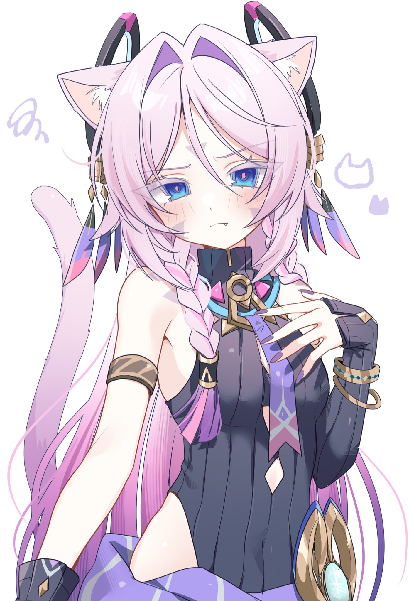 sentouryoku 5, citlali (genshin impact), genshin impact, highres, 1girl, animal ears, armlet, black shirt, blue eyes, blush, bracelet, braid, breasts, cat ears, cat girl, cat tail, closed mouth, clothing cutout, colored eyelashes, detached sleeves, facial mark, fang, fang out, gradient hair, hand on own chest, jewelry, long hair, looking at viewer, multicolored hair, pink hair, purple nails, shirt, single detached sleeve, sleeveless, small breasts, solo, squiggle, tail, upper body, white background