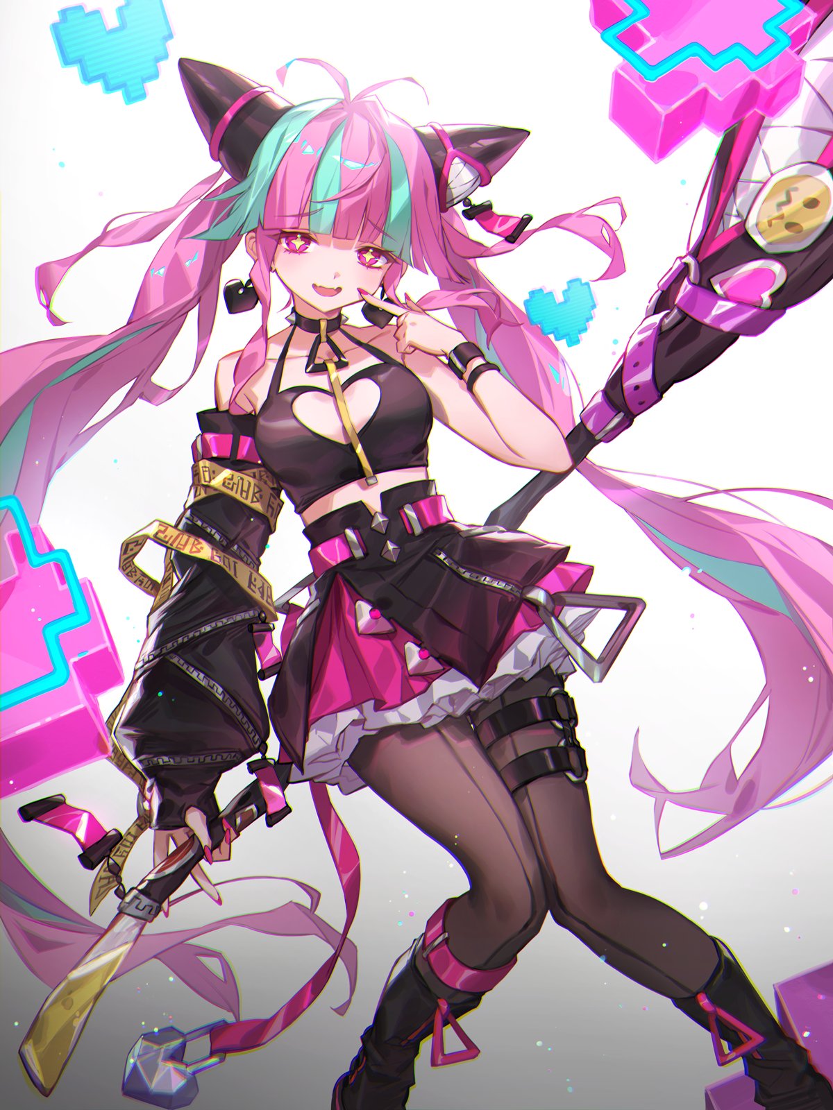 lee hyeseung, original, highres, 1girl, bare shoulders, black shirt, breasts, cleavage cutout, clothing cutout, crop top, detached sleeves, earrings, frilled skirt, frills, heart, heart cutout, holding, jewelry, long hair, long sleeves, looking at viewer, medium breasts, multicolored hair, nail polish, open mouth, pantyhose, pink eyes, pink hair, pink nails, shirt, skirt, smile, solo, staff, symbol-shaped pupils, thigh strap, twintails, two-tone hair, very long hair, zipper