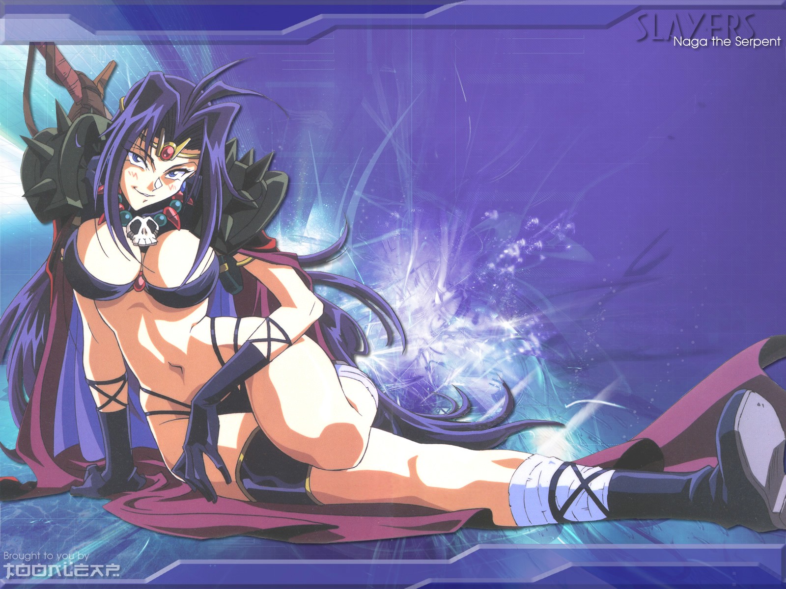 araizumi rui, naga the serpent, slayers, highres, jpeg artifacts, 1990s (style), 1girl, antenna hair, arm support, armor, bikini, black bikini, blue eyes, blue hair, blush, boots, breasts, cape, circlet, cleavage, female focus, gloves, hair intakes, huge breasts, jewelry, large breasts, leg up, long hair, looking at viewer, matching hair/eyes, navel, necklace, retro artstyle, revealing clothes, skull, smile, solo, swimsuit, thigh strap, very long hair, watermark