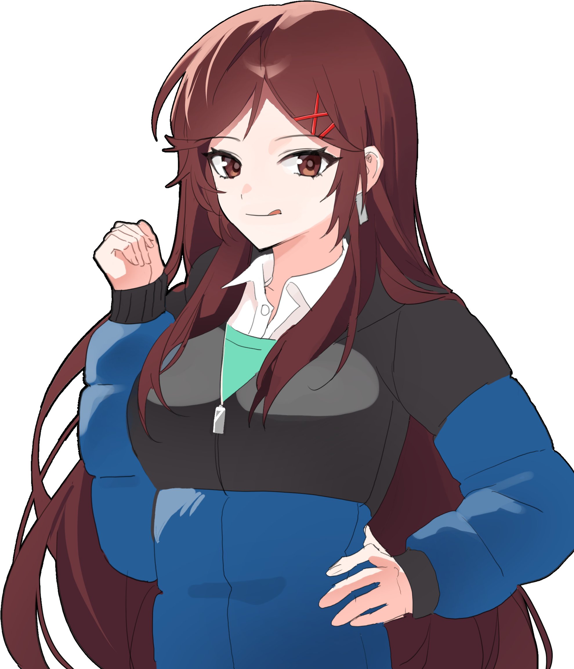zombie high school, highres, korean commentary, 1girl, black jacket, blue jacket, breasts, brown eyes, brown hair, collared shirt, earrings, hair ornament, hairclip, hand on own hip, hand up, jacket, jeong ye-seul, jewelry, long hair, long sleeves, looking at viewer, rkgk ymmm, shirt, simple background, smile, solo, tongue, tongue out, upper body, very long hair, white background, white shirt, x hair ornament